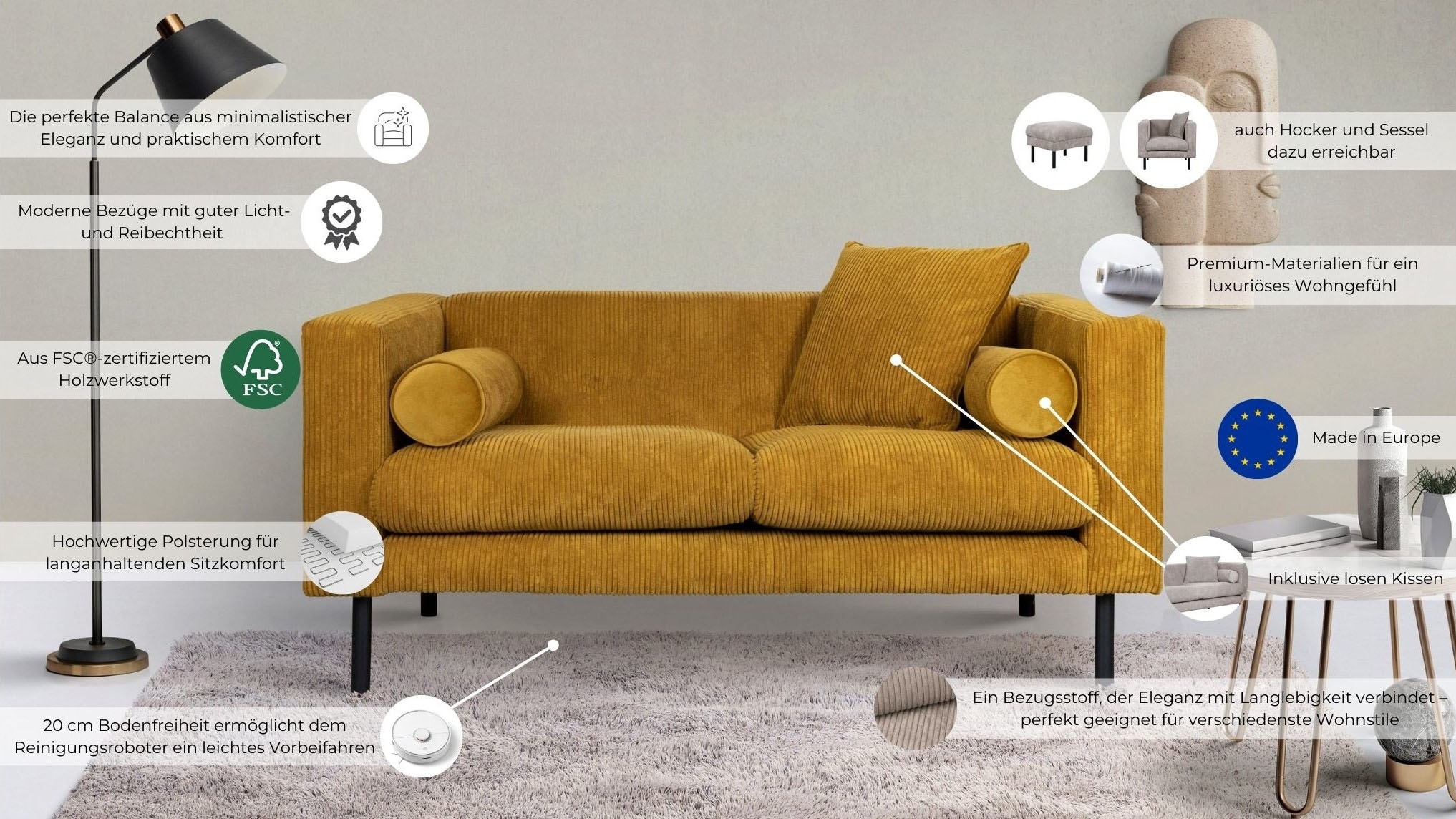 Guido Maria Kretschmer Home&Living 2-Sitzer »Lillibeth Designsofa mit Wellenunterfederung, Maße B/T/H: 155/74/83 cm«, Zierkissen als Wendekissen, in Samtoptik oder Cord