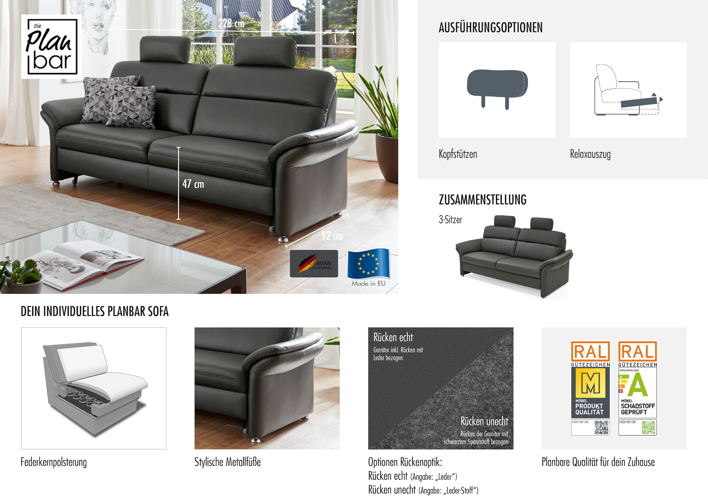 Die PlanBar 3-Sitzer »PN-EM16031, mit Kopfstützen« wahlweise mit  Relaxauszug