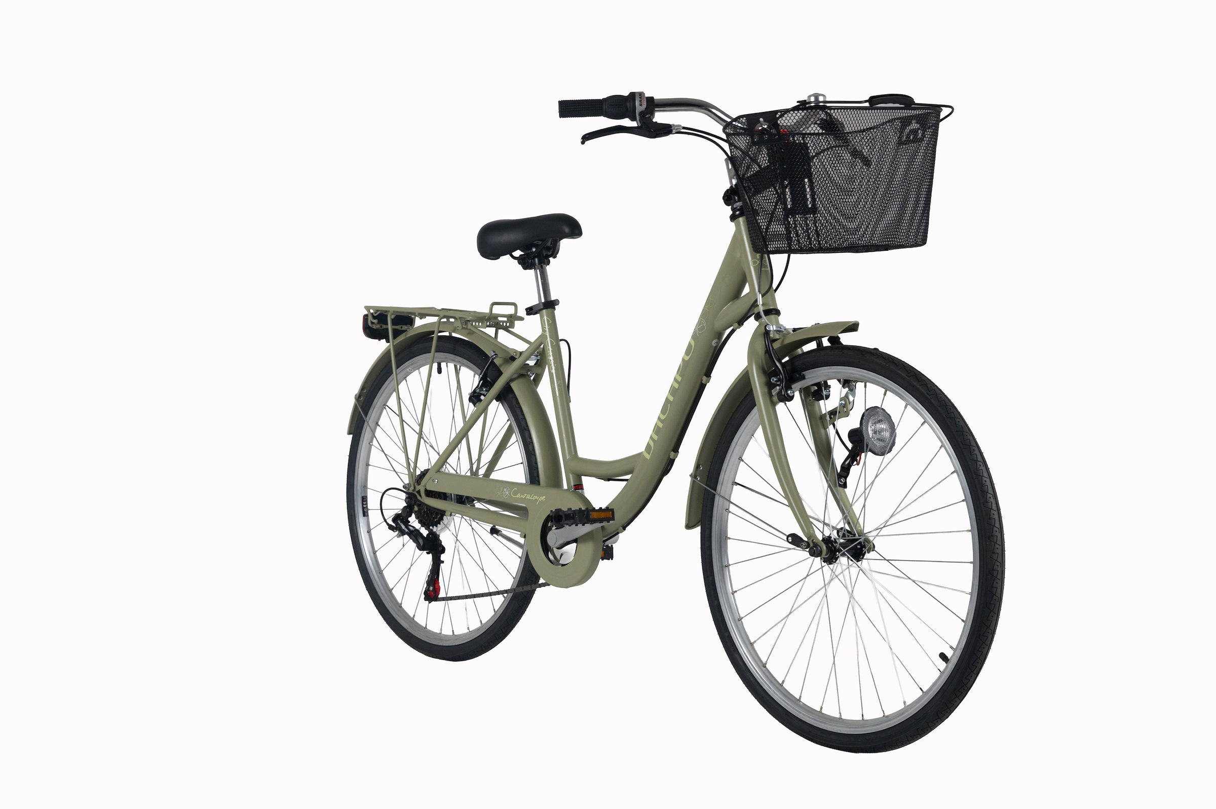 Dacapo Cityrad »DaCapo Citybike 26'' Cantaloupe khaki mit Korb« 6 Gang Shimano Tourney Schaltwerk Kettenschaltung