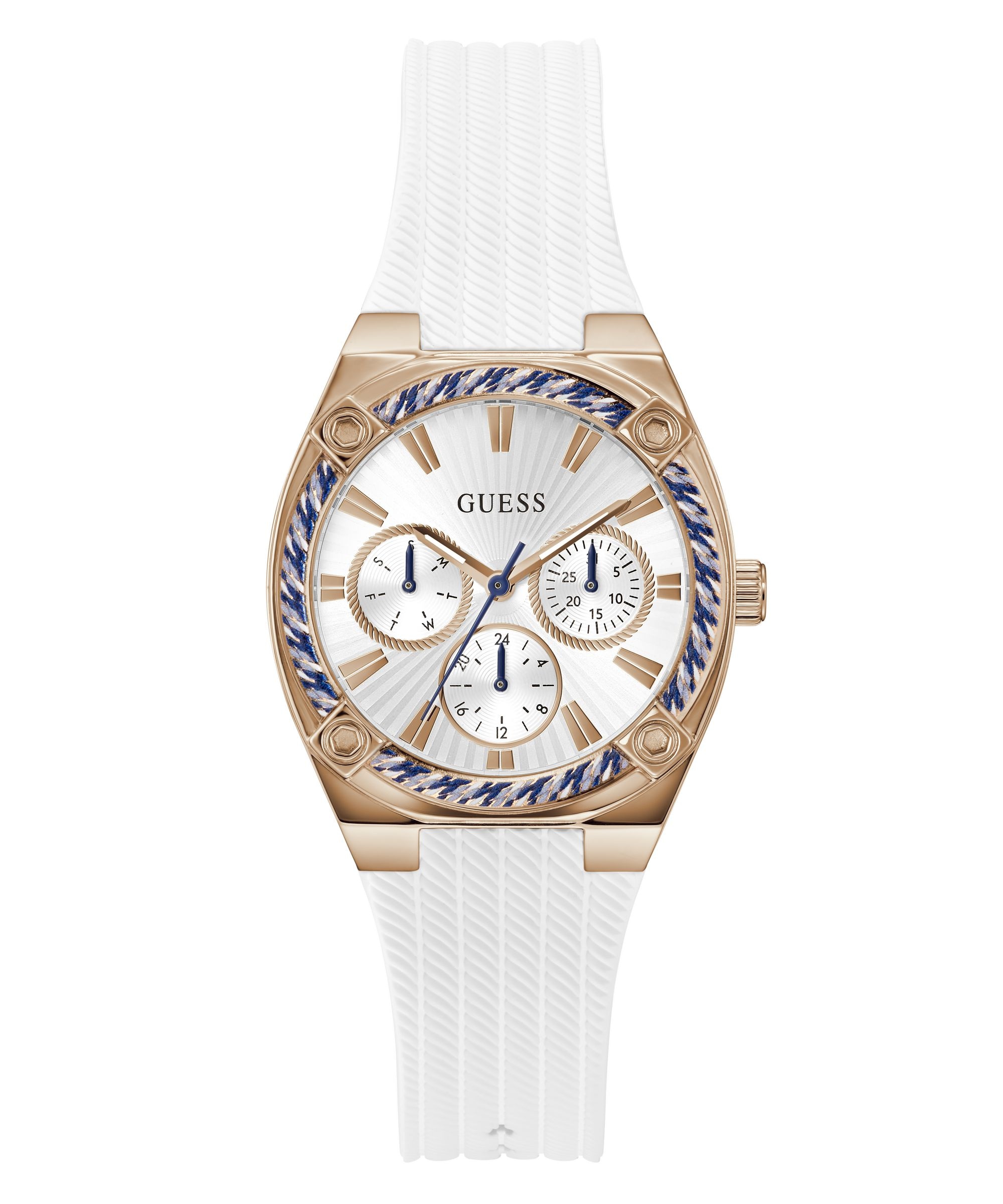 Guess Multifunktionsuhr »SAYLOR« Quarzuhr, Armbanduhr, Damenuhr, Silikonarmband, analog, Wochentag, Tag