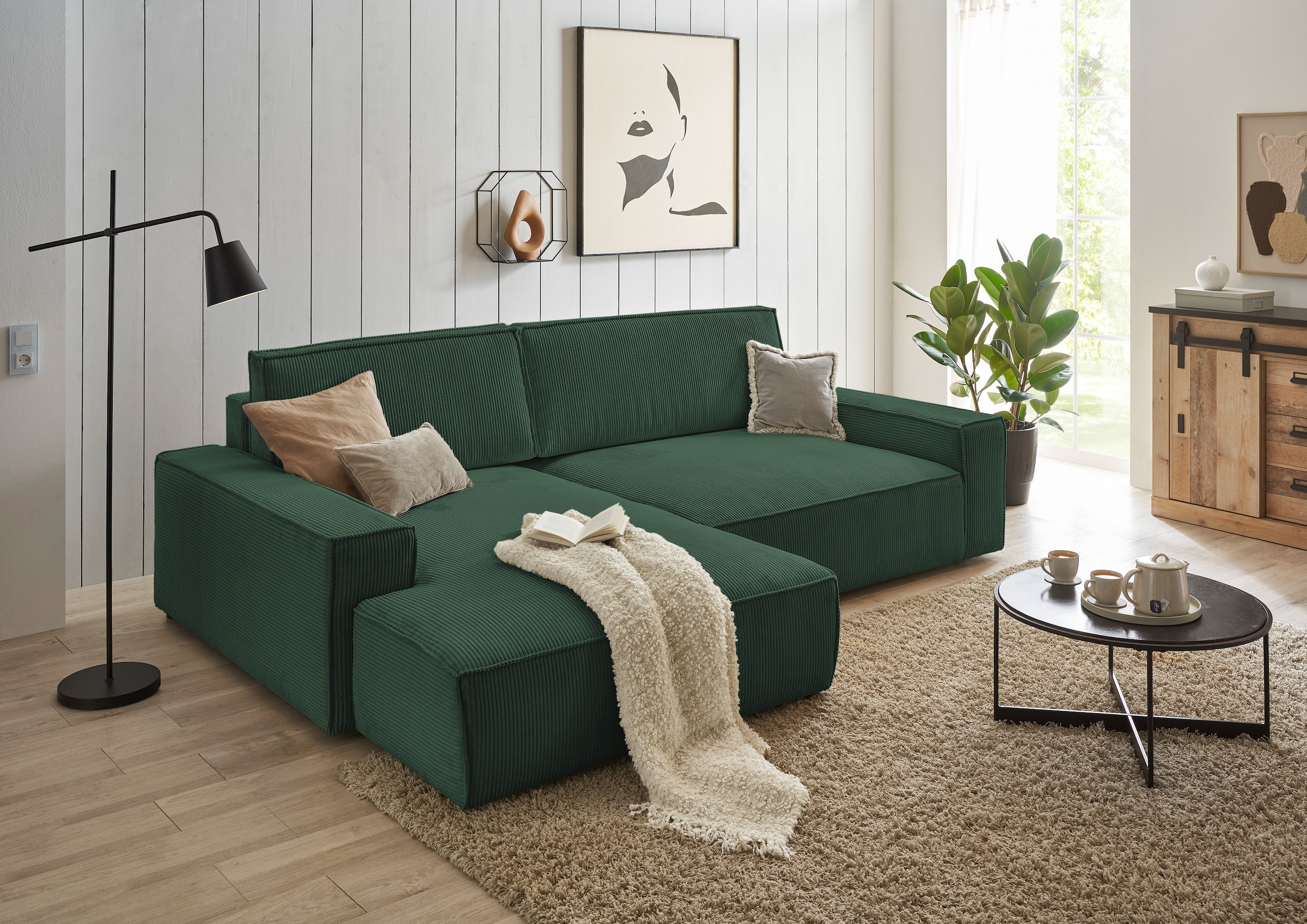 Home affaire Ecksofa »NEU: SHERWOODL XXL 284, Big-Sofa L-Form, tiefe Sitzfläche 95 cm, Cord,«, Leinenoptik, Recamiere rechts/links, auch als Schlafsofa stellbar