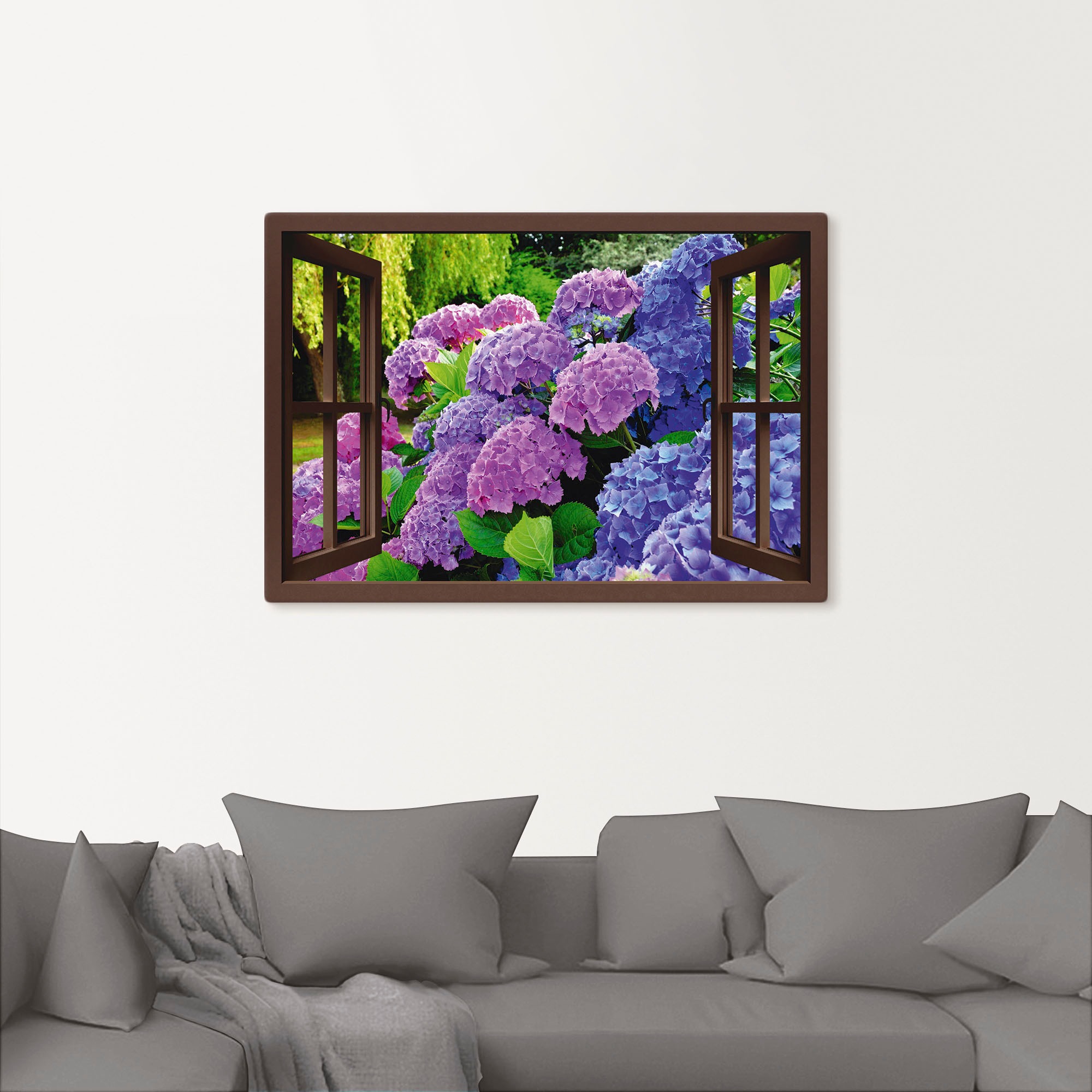 Artland Wandbild »Fensterblick - Hortensien im Garten«, Blumen, (1 St.), als Leinwandbild, Poster in verschied. Größen