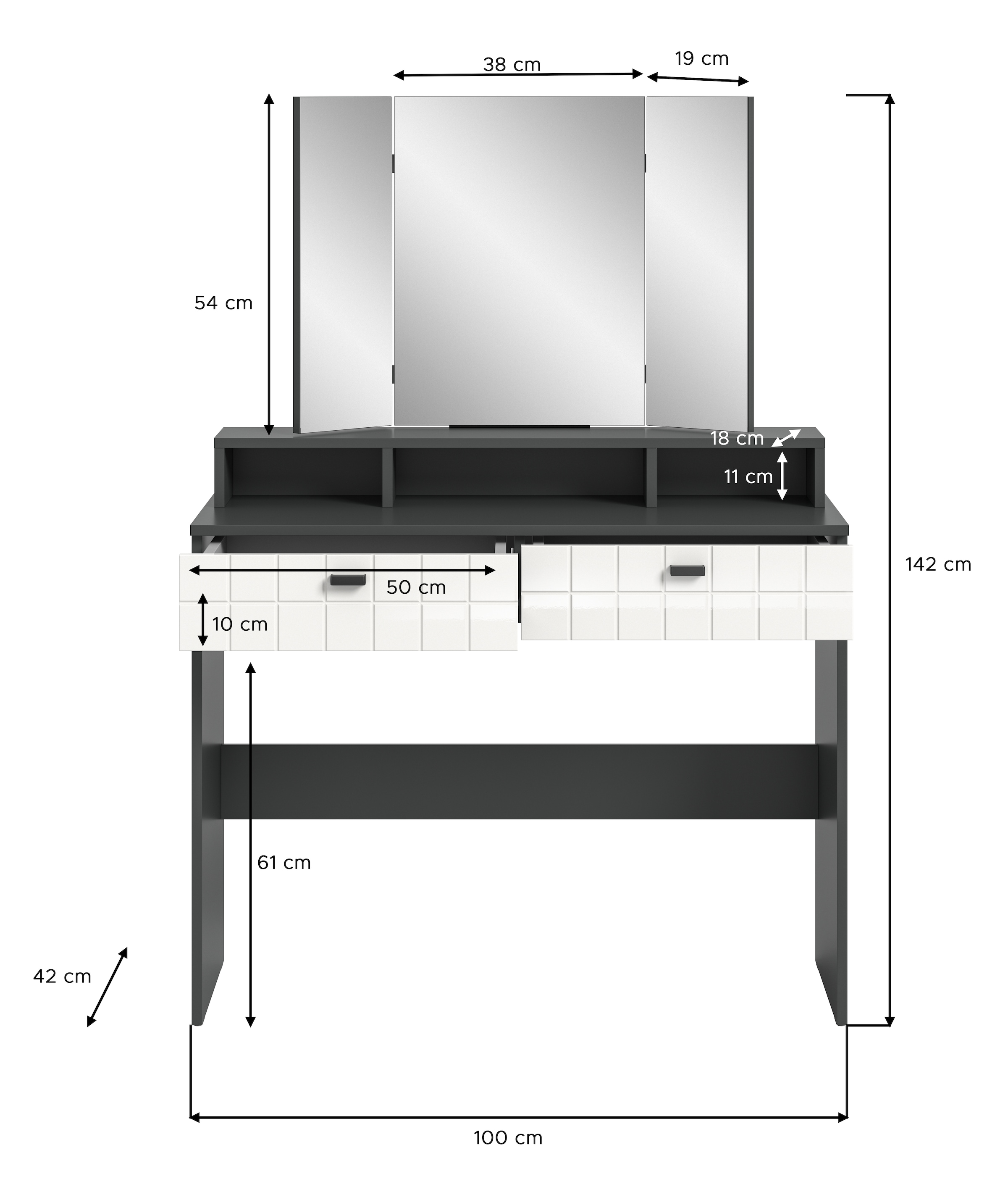 INOSIGN Schminktisch »GORA, Breite 100 cm, 2 Schubkästen, 1feste & 2 faltbare Spiegelflächen«, gefräste Front in Waffeloptik hochglanz, Frisiertisch, Spiegeltisch