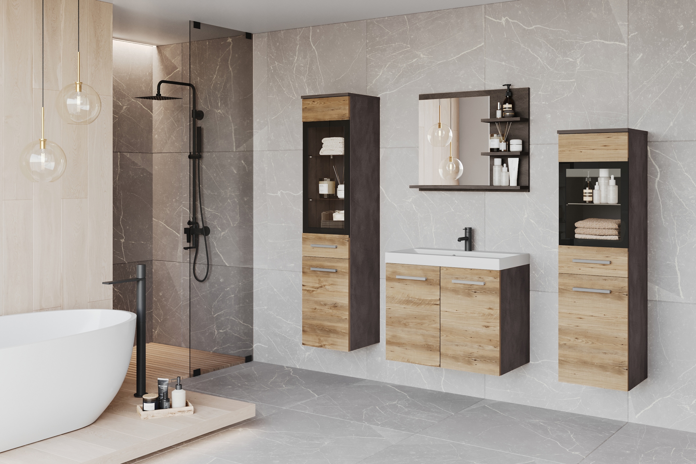 welltime Badmöbel-Set »MADRIT«, (Komplett-Set, 5 St., mit Waschbecken), Waschtisch inkl. Waschbecken, Badschrank, Hochschrank, Spiegel