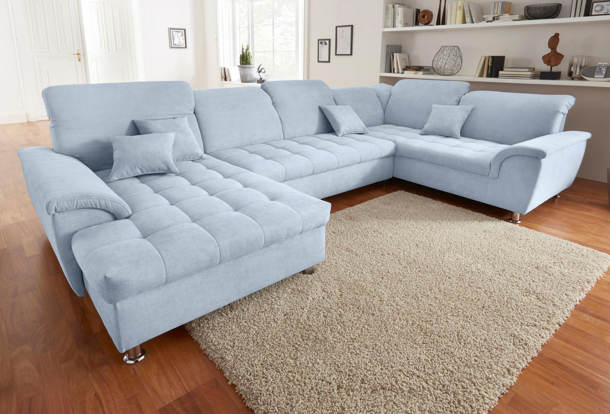 DOMO collection Wohnlandschaft »Franzi, optinal mit Bettfunktion & Bettkasten & Kopfteilverstellung«, U-Form, Recamiere links, pastelblau, B/T: 344/206 cm