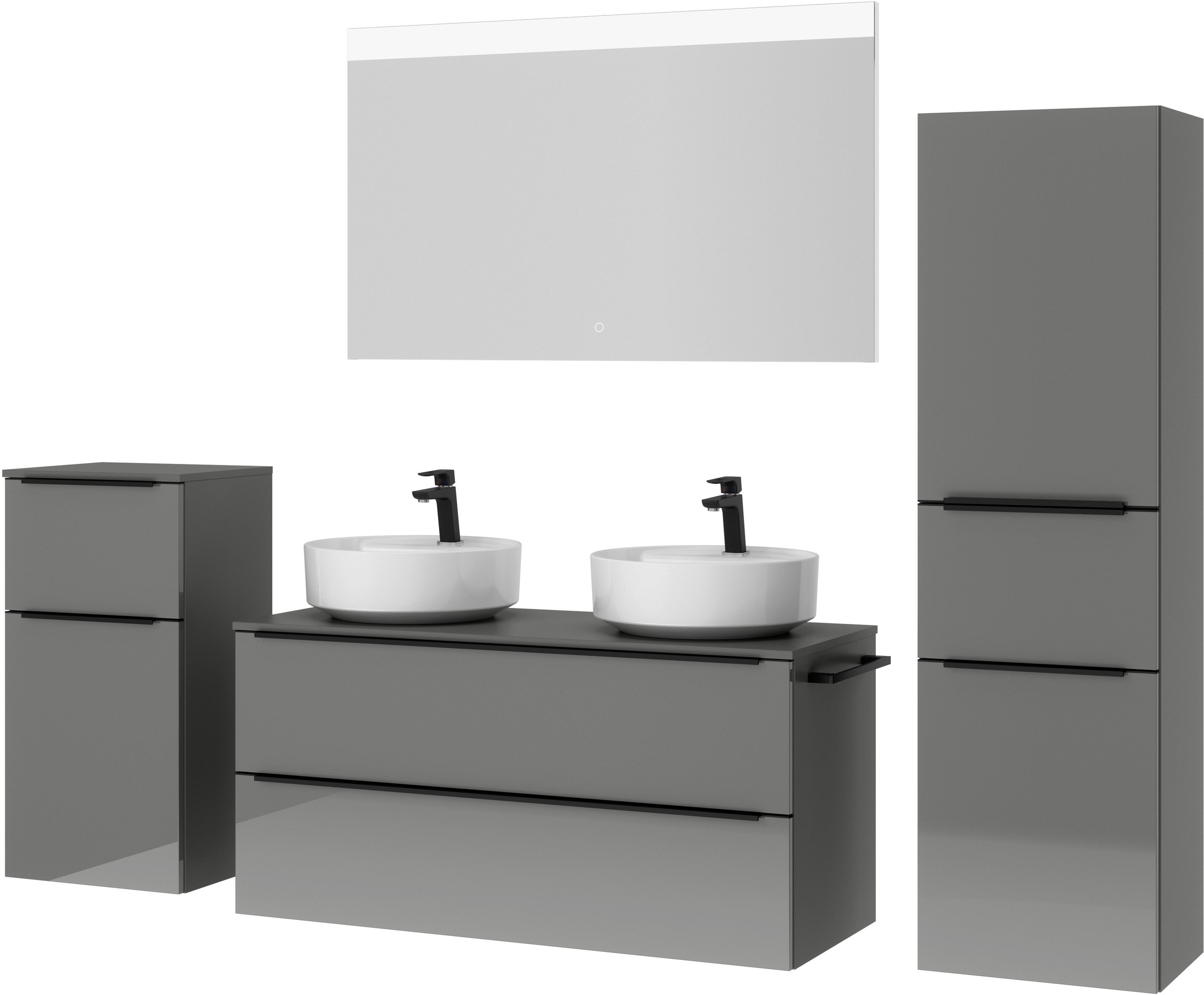 nobilia® Badmöbel-Set »Alvene«, (4 St., vormontiert, mit Soft-Close), Hochglanz, inkl. Spiegel mit Touch-Sensor, in vier Breiten