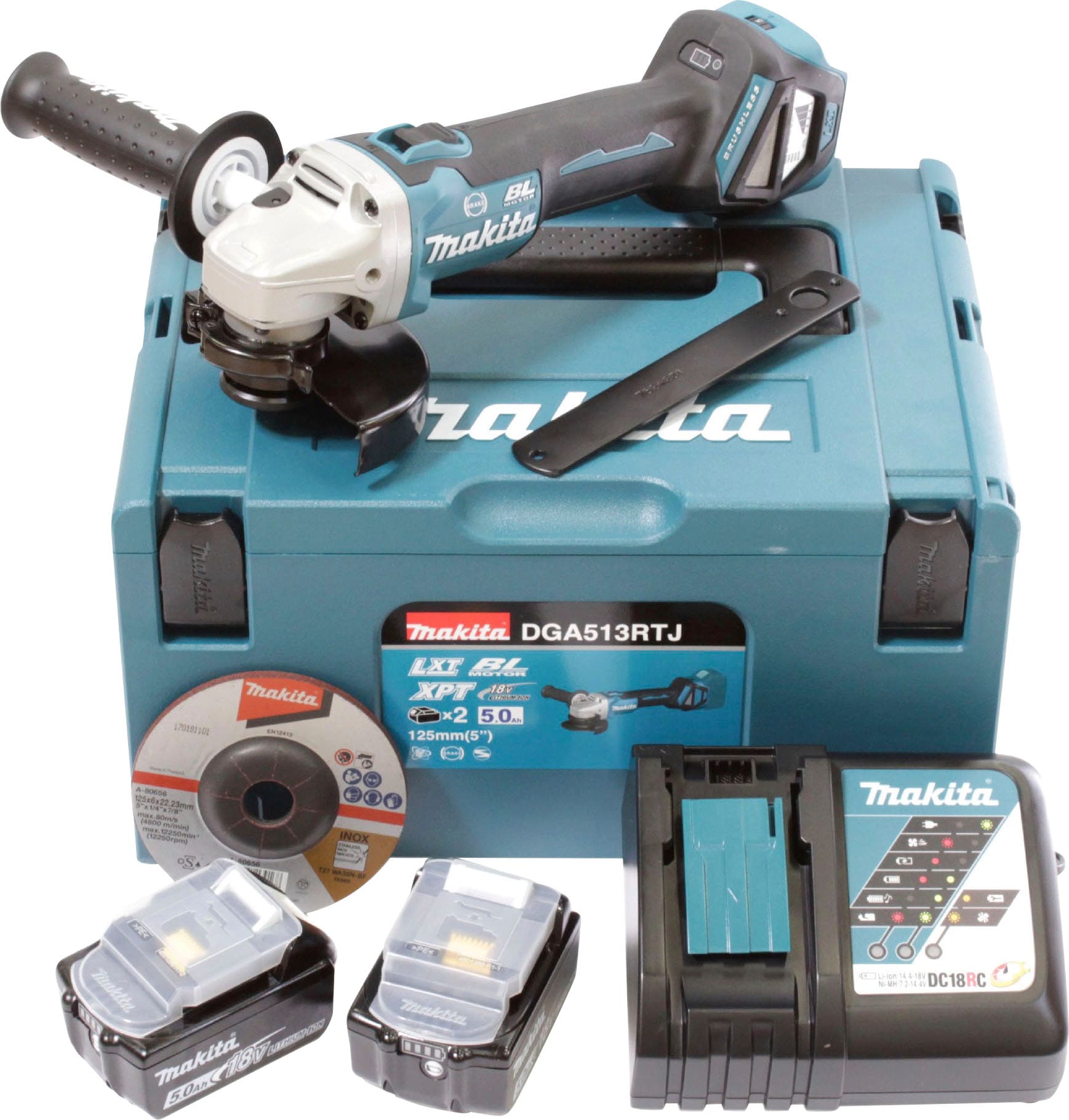 Makita Akku-Winkelschleifer »DGA513RTJ«, (Set), inkl. Akku, Ladegerät, Aufbewahrungskoffer und weiterem Zubehör