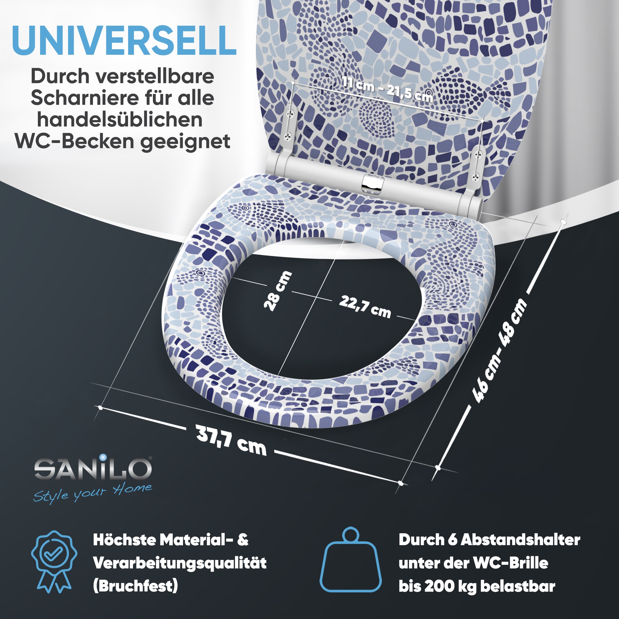 Sanilo WC-Sitz »Mosaic World mit Absenkautomatik & Quick Release« Premium Toilettendeckel, abnehmbar, leichte Montage von oben