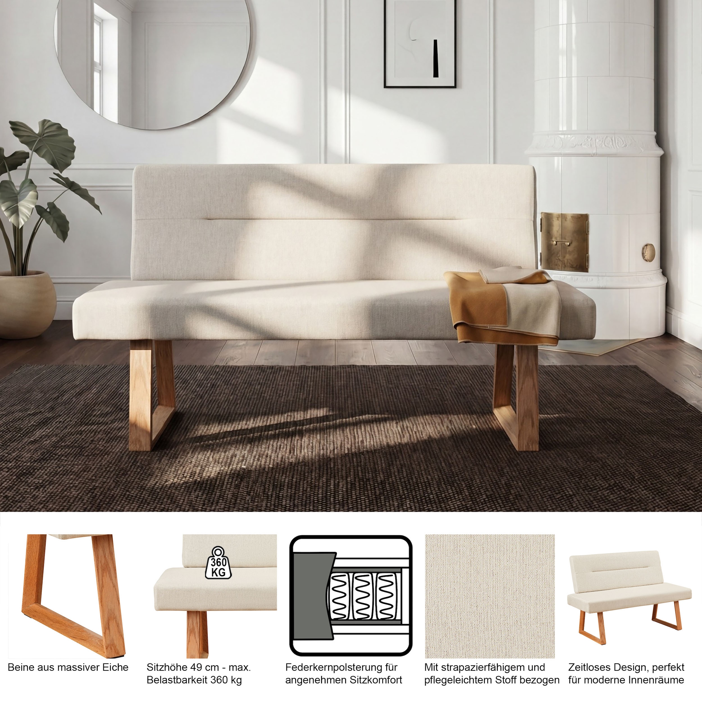 OTTO home Essbank »Mellio« Beine aus massiver Eiche, pflegeleichtem Webstoff Bezug, Breite 140 cm