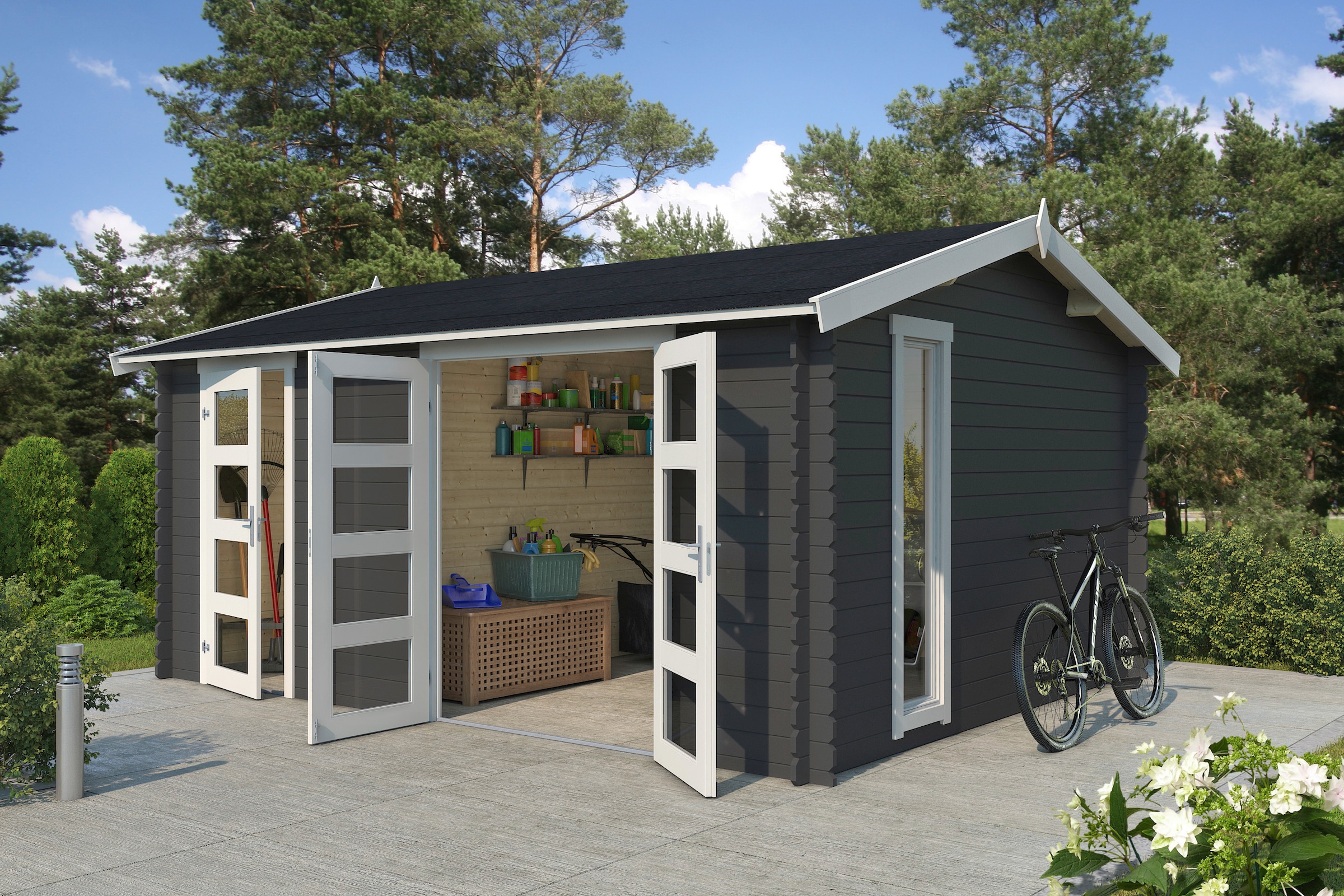 LASITA MAJA Gartenhaus »Carroz 2«, (Set), Blockbohlenhaus 28mm 2-Raum, Fundamentmaß 4560x3600, Carbongrau
