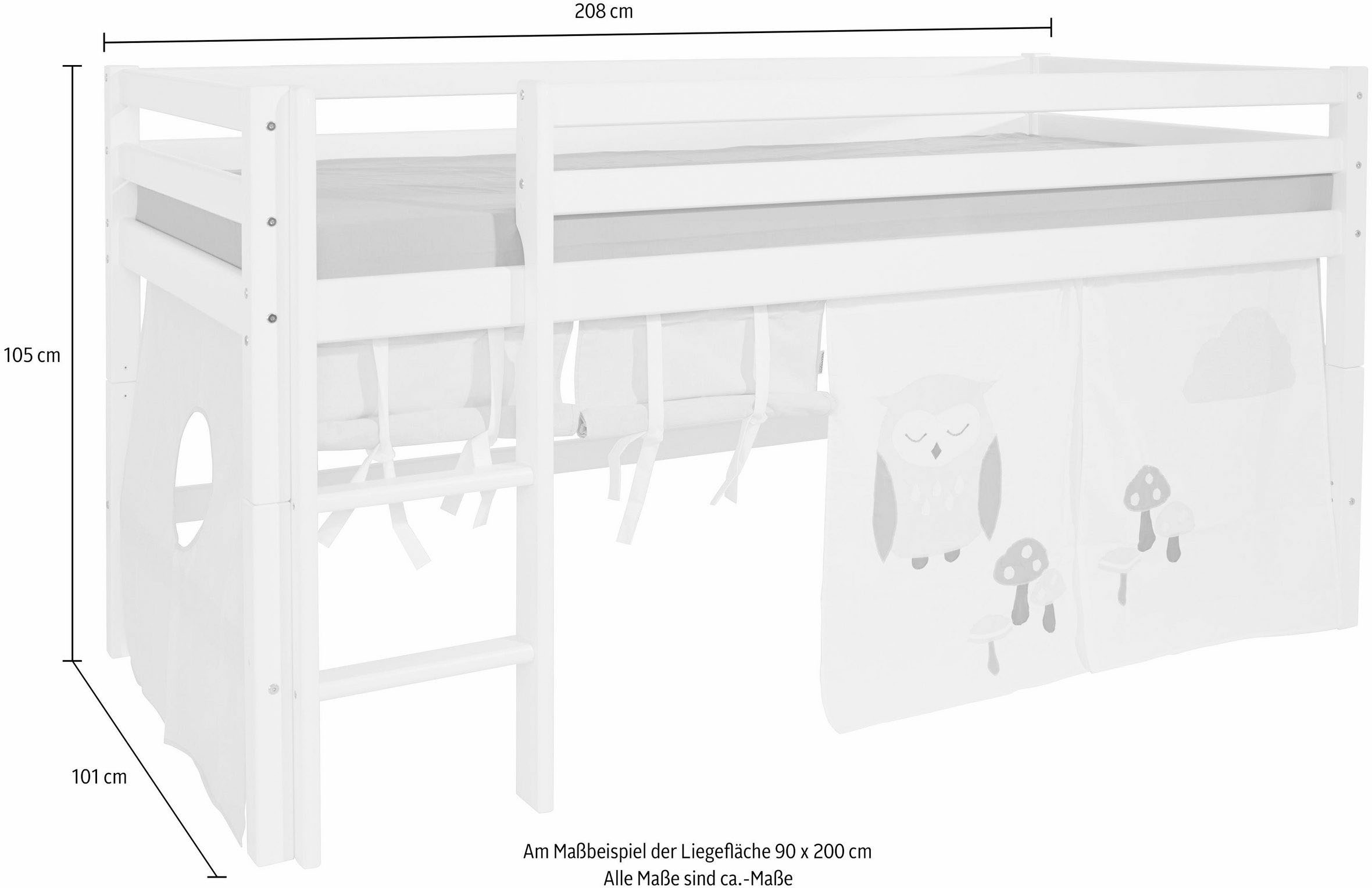 Hoppekids Hochbett »ECO Dream, Kinderbett, Spielbett, Halbhohes Bett aus Massivholz«, inkl. Vorhang-Set Eule Rosa Rot, Bettgröße & Matratze wählbar