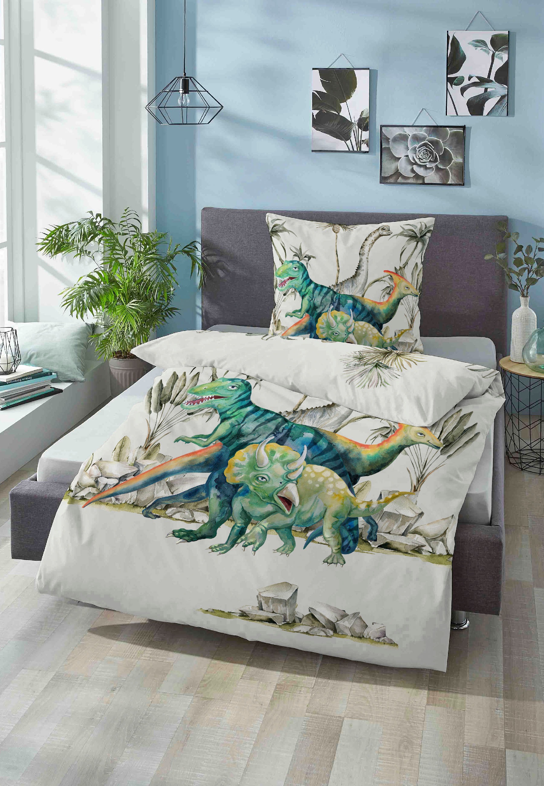 Biberna Kinderbettwäsche »Dinos« 2 Stk. tlg. 135/200+80/80 cm, atmungsaktiv günstig online kaufen