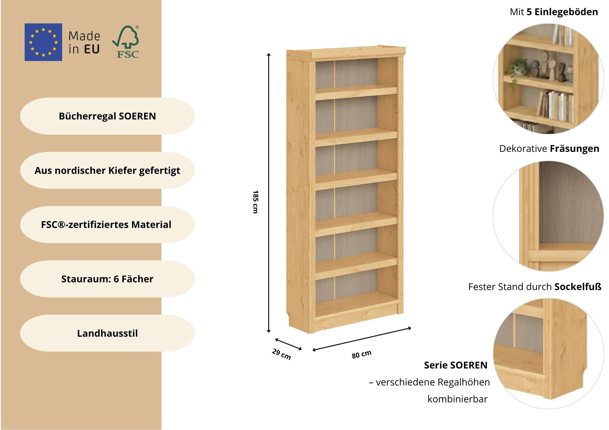 OTTO home Bücherregal »Soeren Regal B/T/H: 80/29/185 cm, 6 Fächer« aus massiver Kiefer, FSC®-zertifiziert