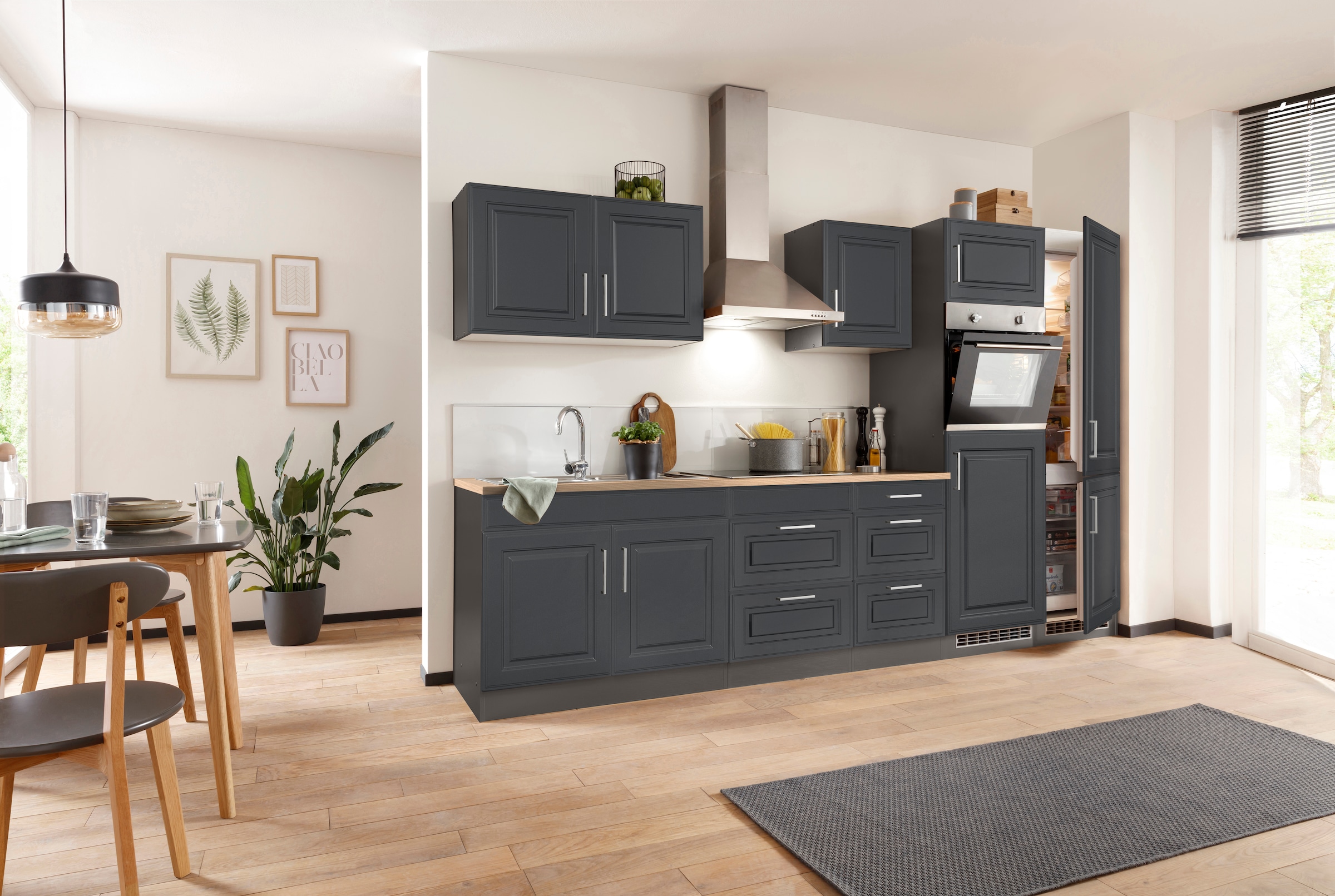 KOCHSTATION Küchenzeile »KS-Stockholm«, Breite 330 cm, mit hochwertigen MDF Fronten im Landhaus-Stil