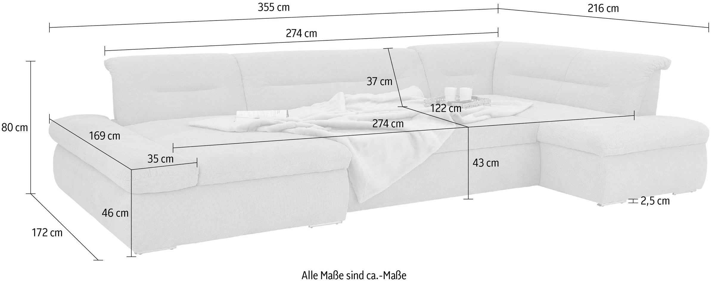 INOSIGN Wohnlandschaft »Avesa U-Form«, Wahlweise mit Armteilverstellung und Bettfunktion, B/T/H: 355/216/80cm