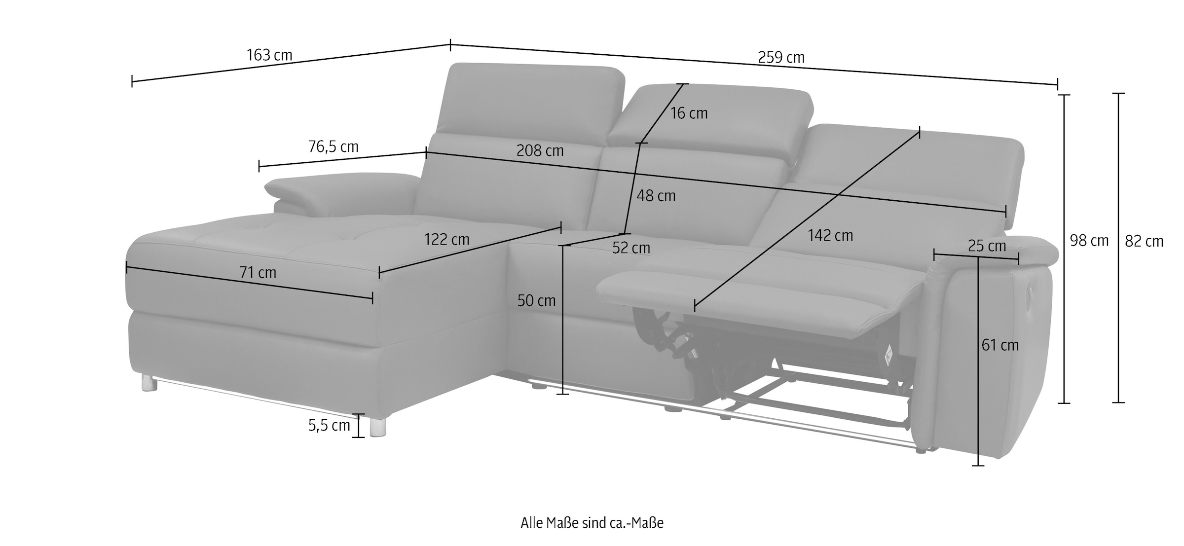 Places of Style Ecksofa »Pareli, L-Form, 259cm,m. Recamiere, Echtleder, Kunstleder, Webstoff«, man. o. elektr. Relaxfunktion, USB/Kopfteilverstellg u. LED