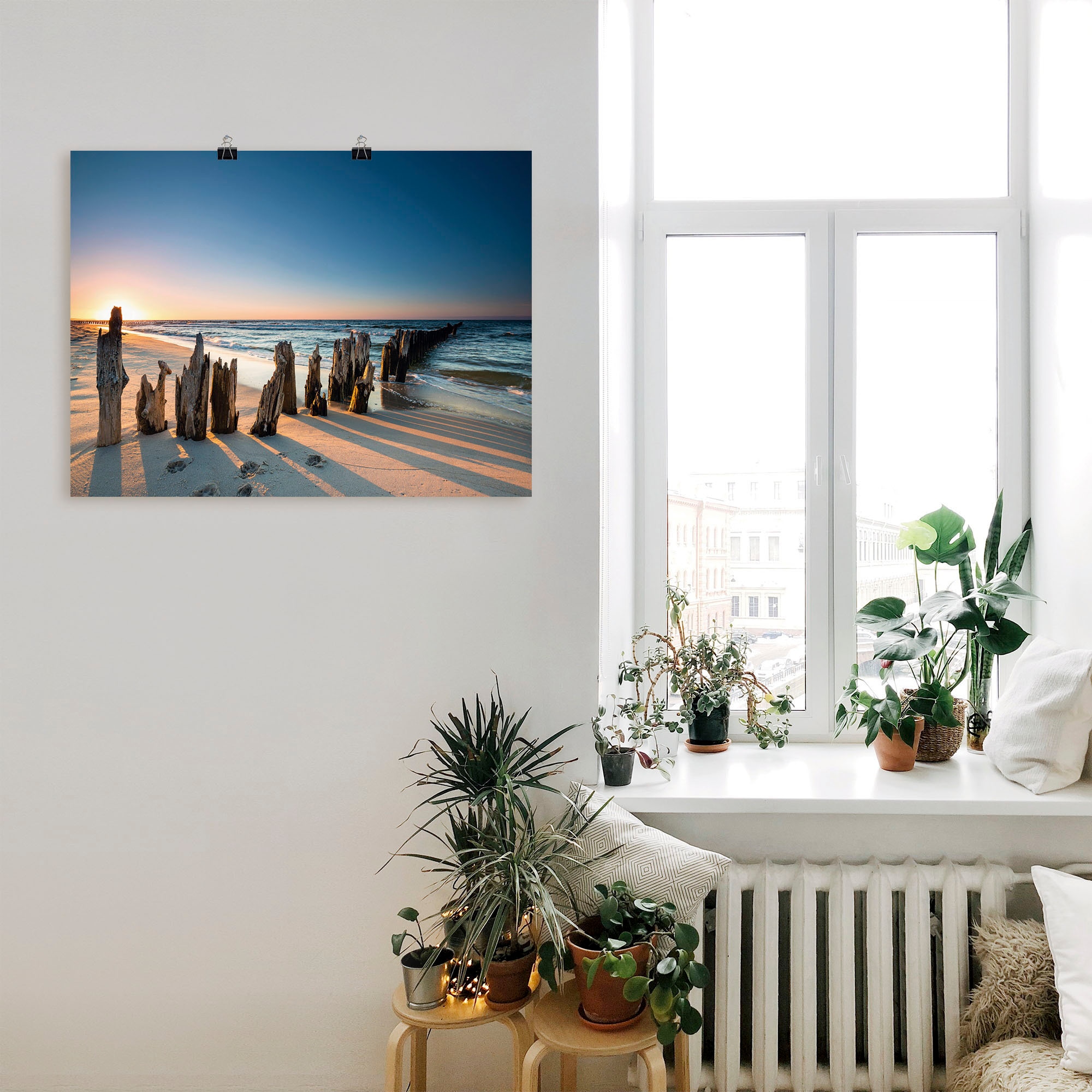 Artland Wandbild »Sonnenuntergang Strand Wellenbrecher«, Meer Bilder, (1 St.), als Alubild, Outdoorbild, Leinwandbild, Poster, Wandaufkleber