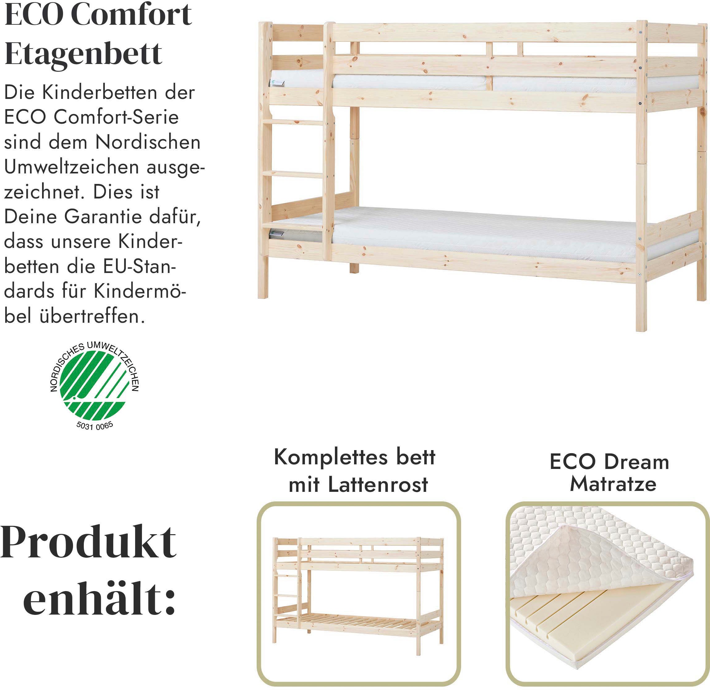 Hoppekids Etagenbett »ECO Comfort Kinderbett 90x200 oder 70x160 aus Massivholz in 4 Farben«, TÜV, FSC und Nordisches Umweltzeichen – wahlweise mit Matratzen