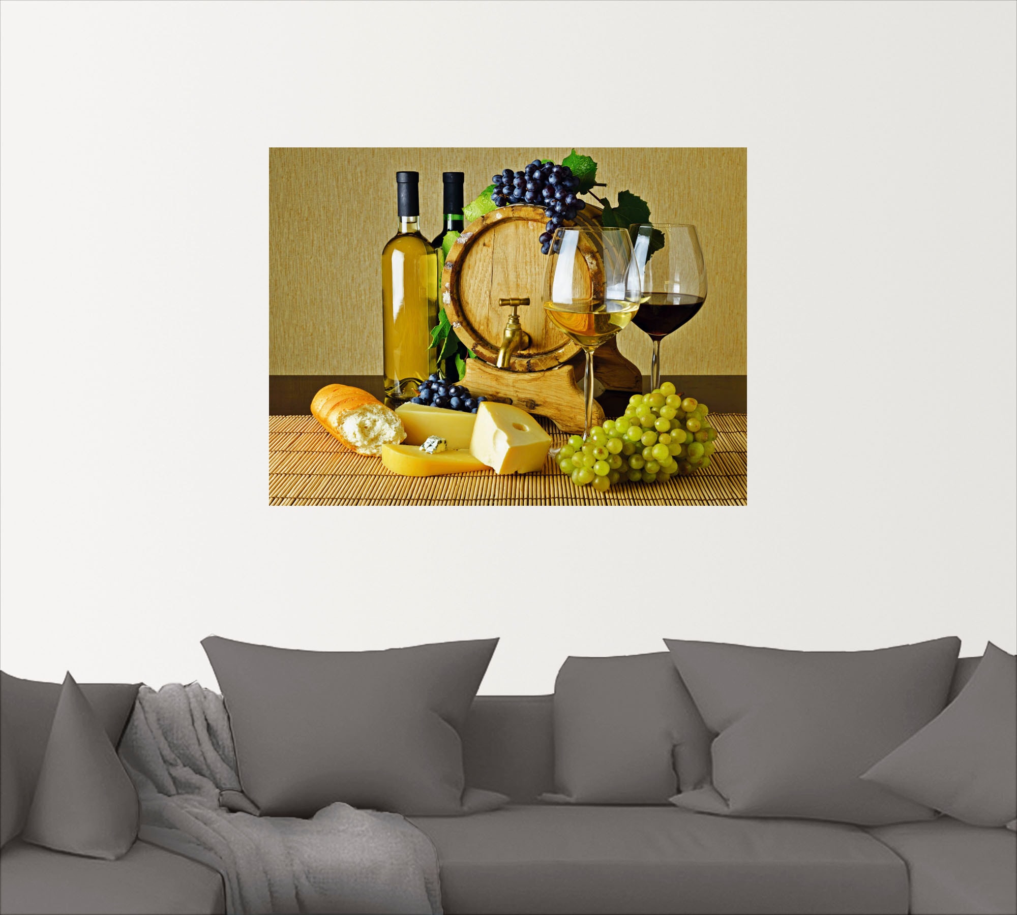 Artland Wandbild »Käse, Wein und Trauben«, Lebensmittel, (1 St.), als Alubild, Leinwandbild, Wandaufkleber oder Poster in versch. Größen