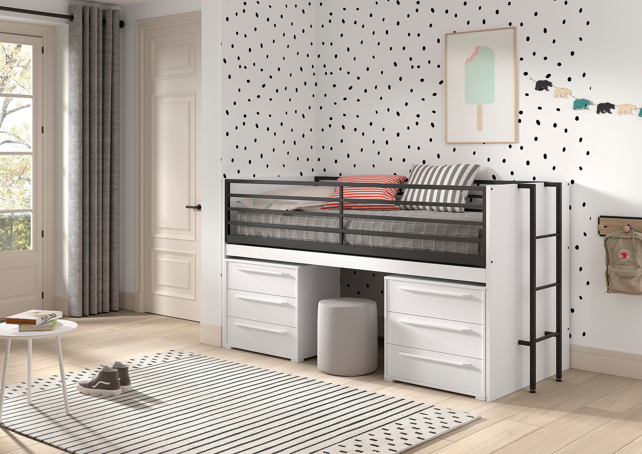 Vipack Stauraumbett »Sam, schlafen und arbeiten in einem, wahlweise Eiche- oder Weiß-Dekor« Liegefläche 90x200 cm, darunter eine große ausziehbare Schreibplatte,  mit Absturzschutz, Leiter u. Stauraum, pflegeleichte Dekor Oberfläche