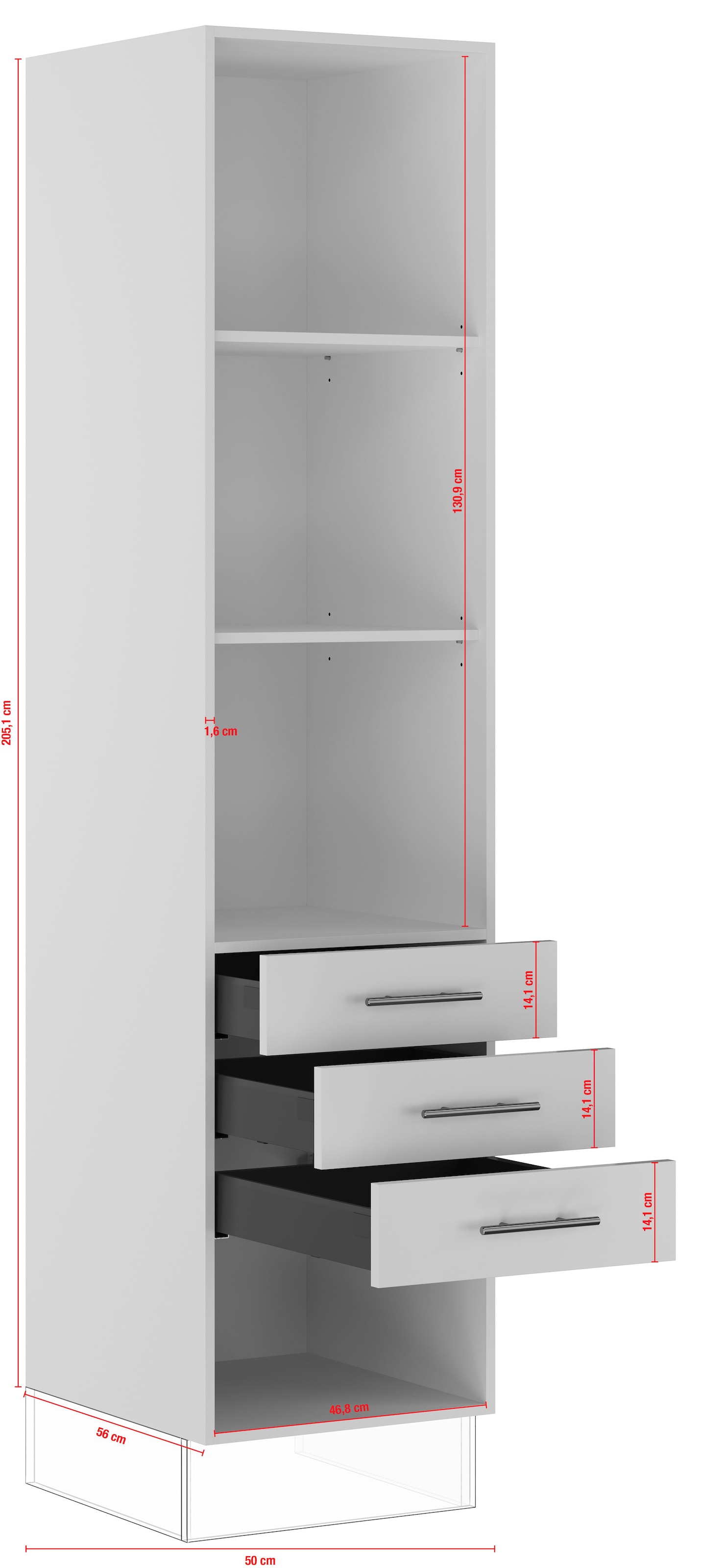 IMPULS KÜCHEN Seitenschrank »"Prag", Breite/Höhe: 50/205,1 cm, mit Soft-Close«, vormontiert, mit Schubkästen, mit verstellbaren Fachböden