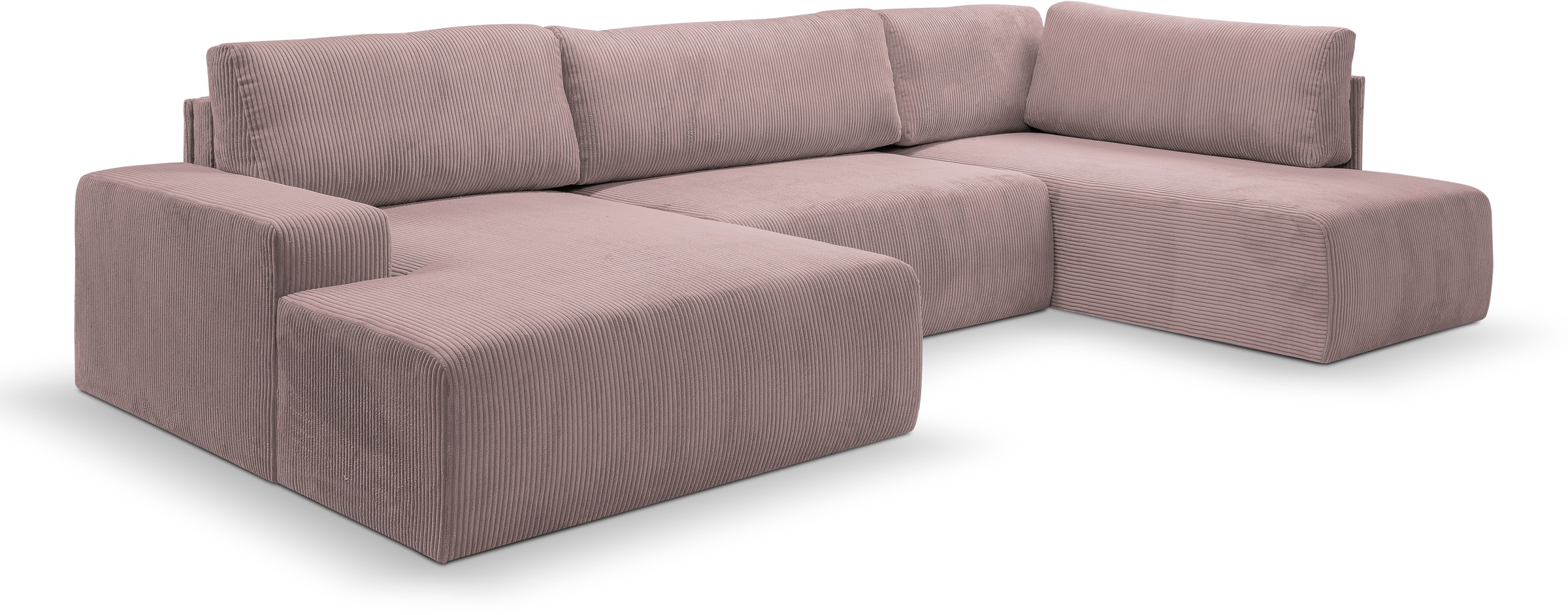 WERK2 Wohnlandschaft »Rotterdam-U, U-Form, in kuschelweichem Cord oder Breitcord«, Design Sofa mit Schlaffunktion & Bettkasten, Cord, Rose