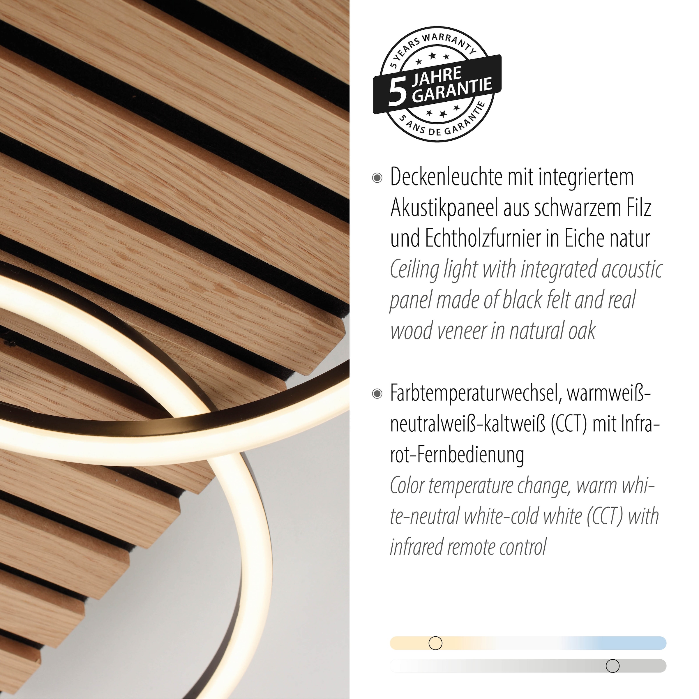 andas Deckenleuchte »Unnestad Akustikpaneele«, 1 flammig, Leuchtmittel LED-Board | LED fest integriert, Frame schwenkbar, Holz, Akustik, Paneele, warmweiß, kaltweiß