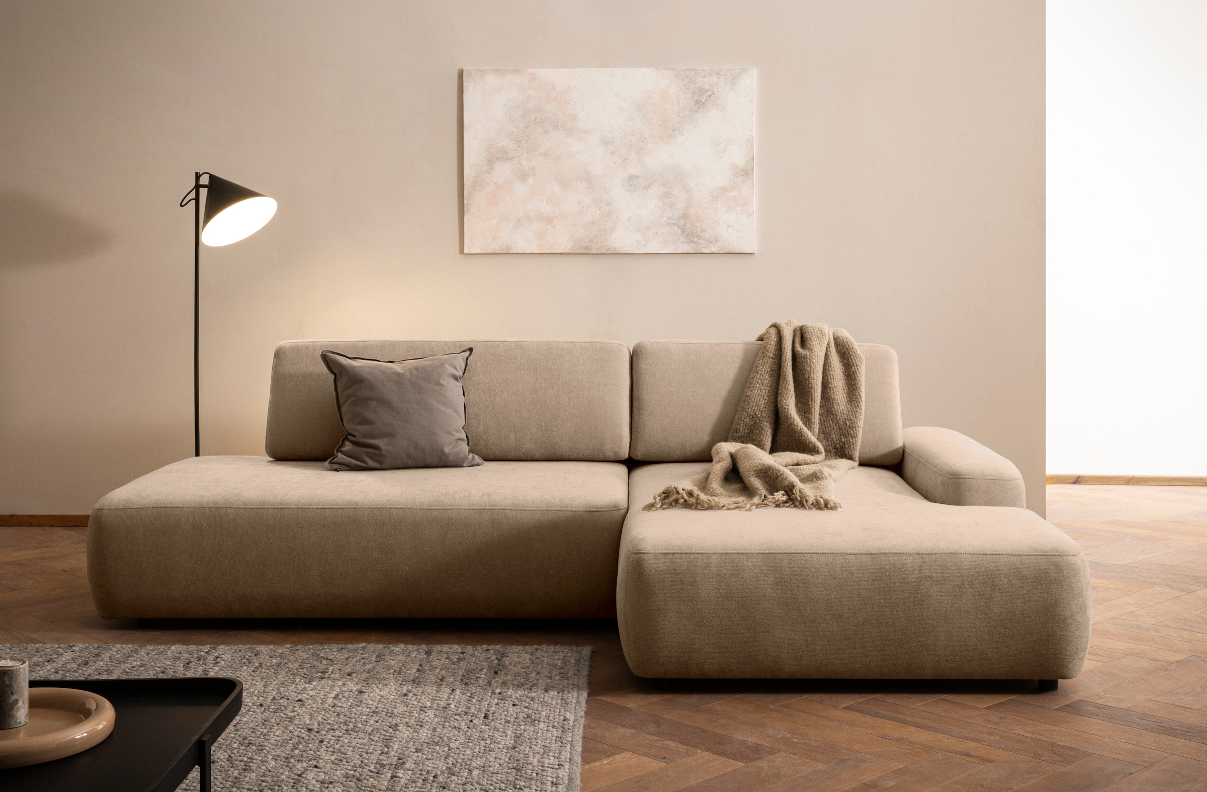 INOSIGN Ecksofa »TORGE, Schlafsofa Cord, Samtvelours u. Strukur fein, Couch in L-Form«, Schlaffunktion und Bettkasten, Liegefläche: 210x125 cm, neues Design