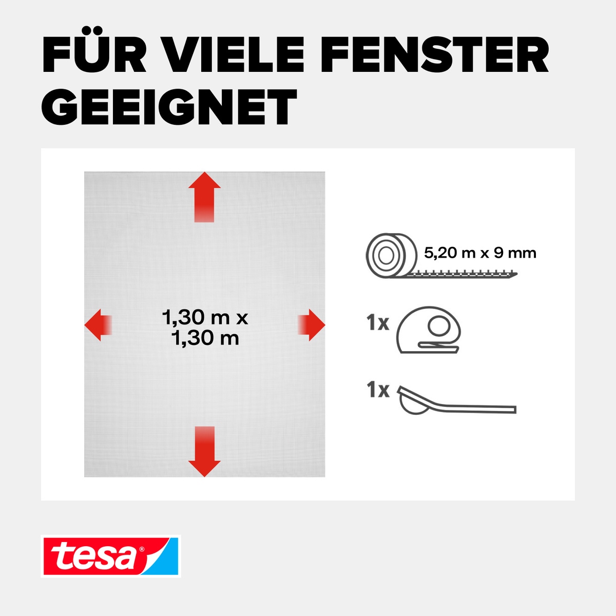 tesa Insektenschutz-Fensterrahmen »Insect Stop Comfort Fliegengitter für Fenster - 1.3 m x 1.3 m« Packung, Fliegennetz, Klettband, Andrück und Schneidehilfe, 1 Stk. tlg. Insektenschutzgitter - ohne Bohren - zuschneidbar