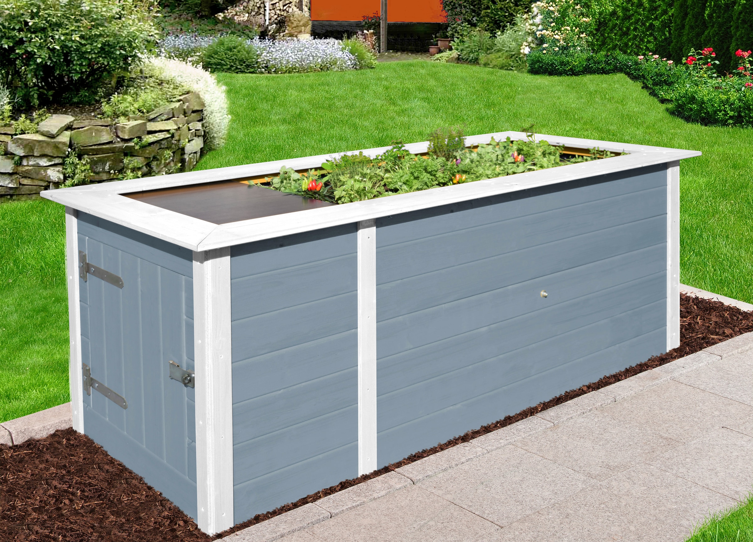 weka Hochbeet BxTxH: 205x80x81 cm, mit Anbauschrank grau Massivholz