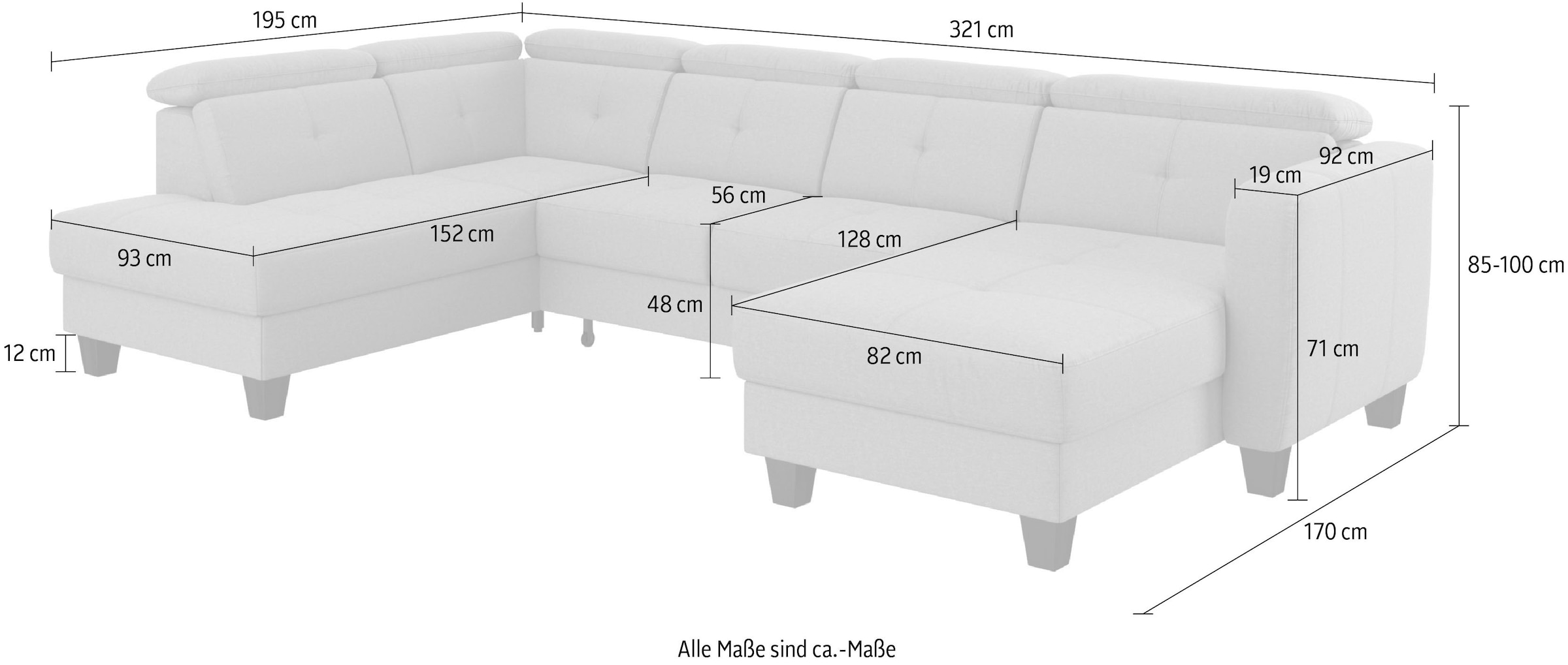 sit&more Wohnlandschaft »Belluci U-Form«, Kopfteilverstellung und Federkern, wahlweise mit Bettfunktion