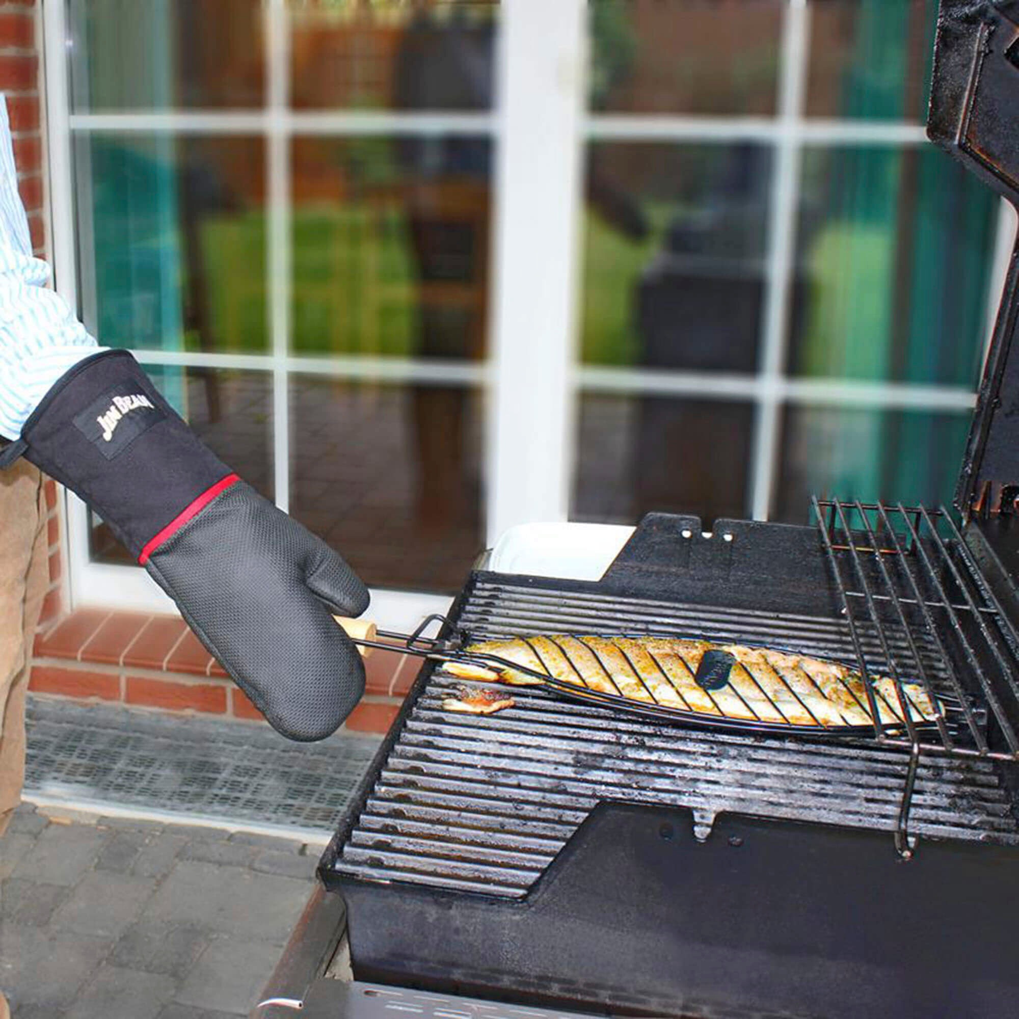 Jim Beam BBQ Grillschale, Metall, mit Parawoodgriff für große Fische