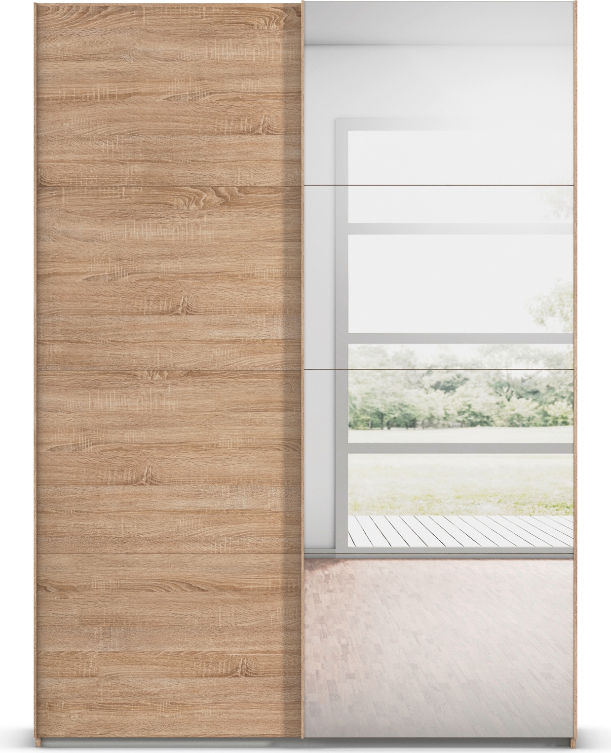 rauch Schwebetürenschrank »Kleiderschrank Schrank Garderobe Schlafzimmerschrank EVELYN«, in elegantem Stil mit Spiegel 5 Breiten viel Stauraum MADE IN GERMANY