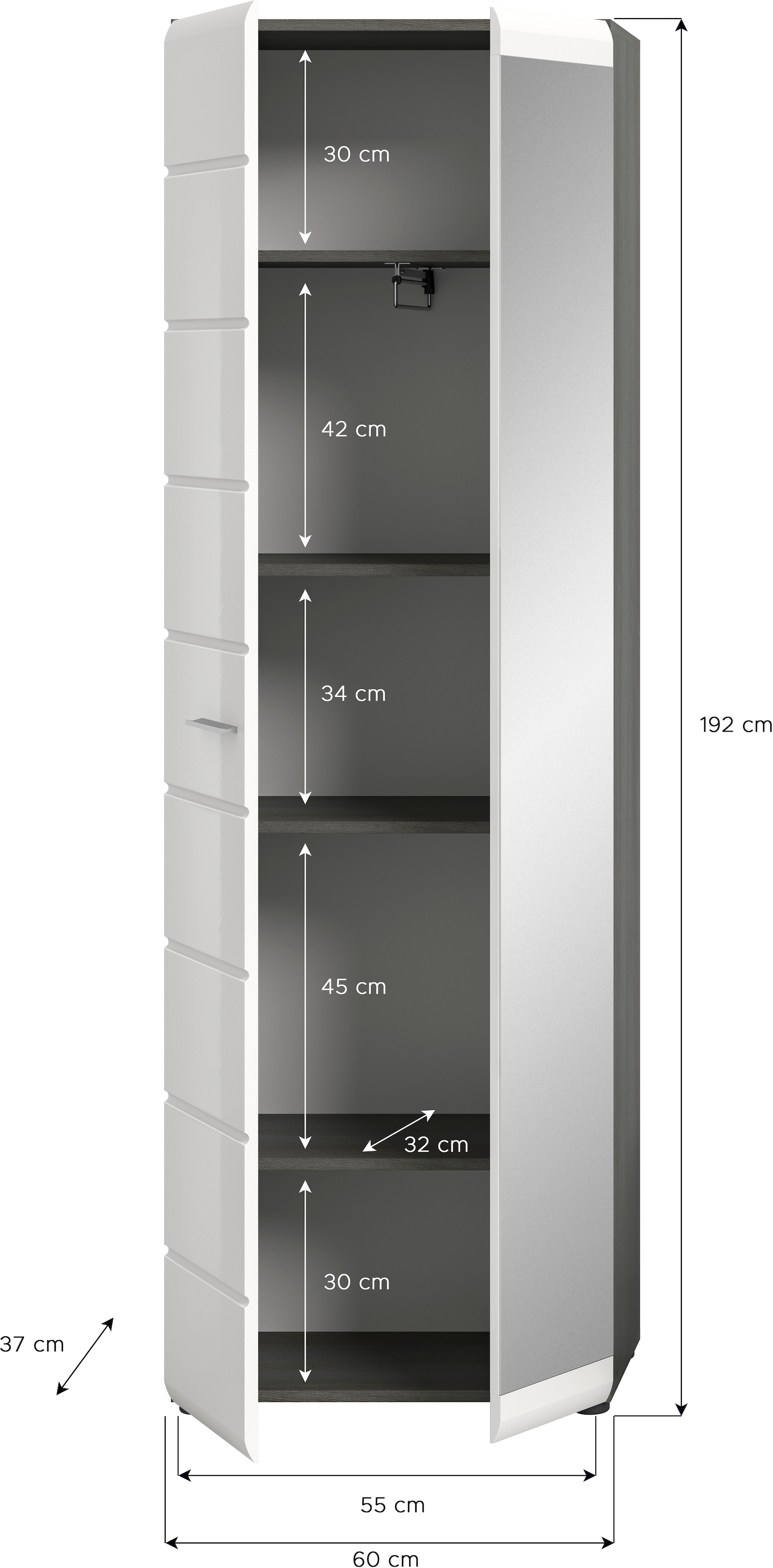 INOSIGN Garderobenschrank »Rumba, Höhe 192 cm, 1 Hochglanz Tür, 1 Spiegeltür, 4 Einlegeböden,«, 1 Kleiderstange, Stauraumschrank, Flurschrank, Flurmöbel