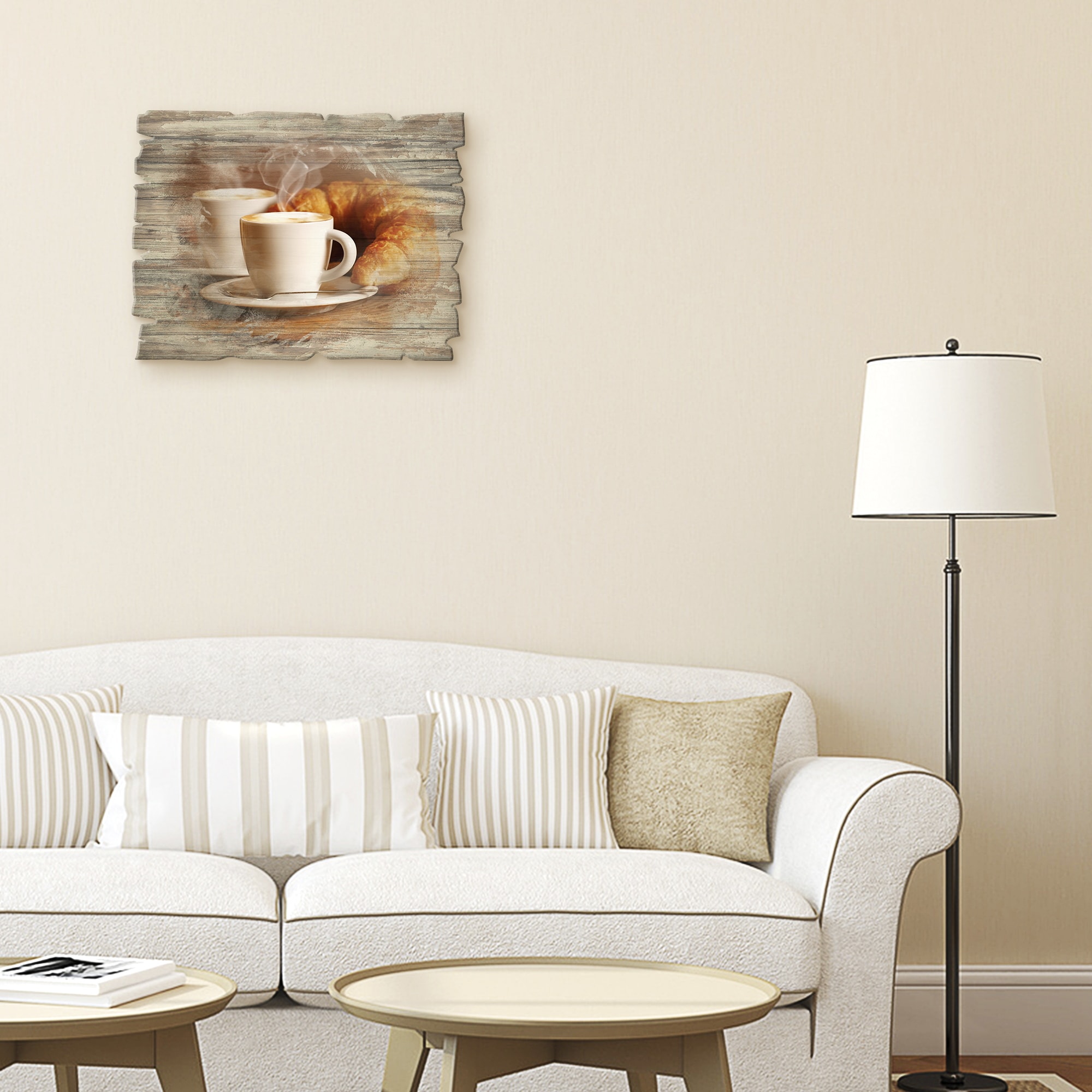 Artland Holzbild »Dampfender Cappuccino und Croissant«, Getränke, (1 St.)