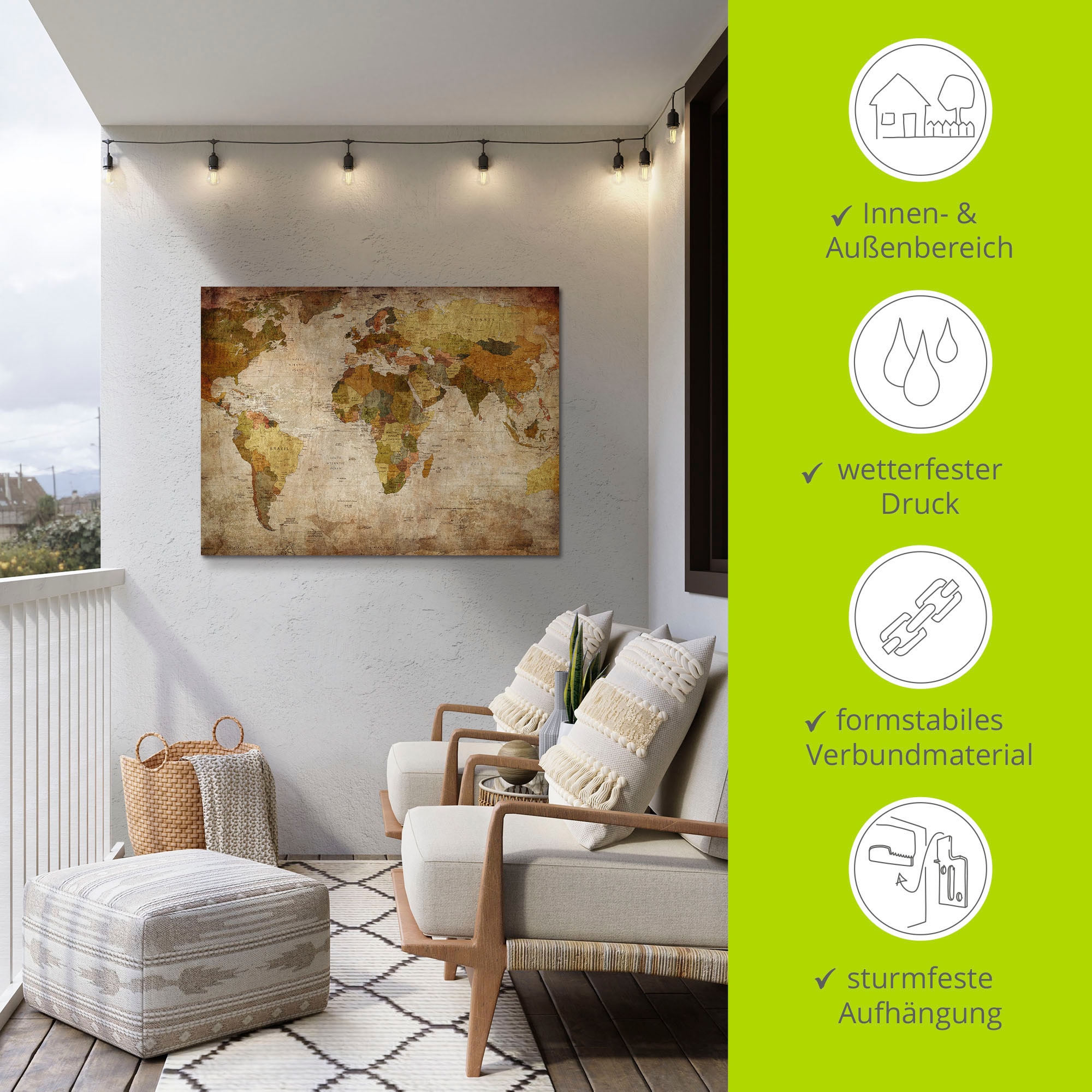 Artland Wandbild »Weltkarte«, Landkarten, (1 St.), als Alubild, Outdoorbild, Leinwandbild, Poster, Wandaufkleber