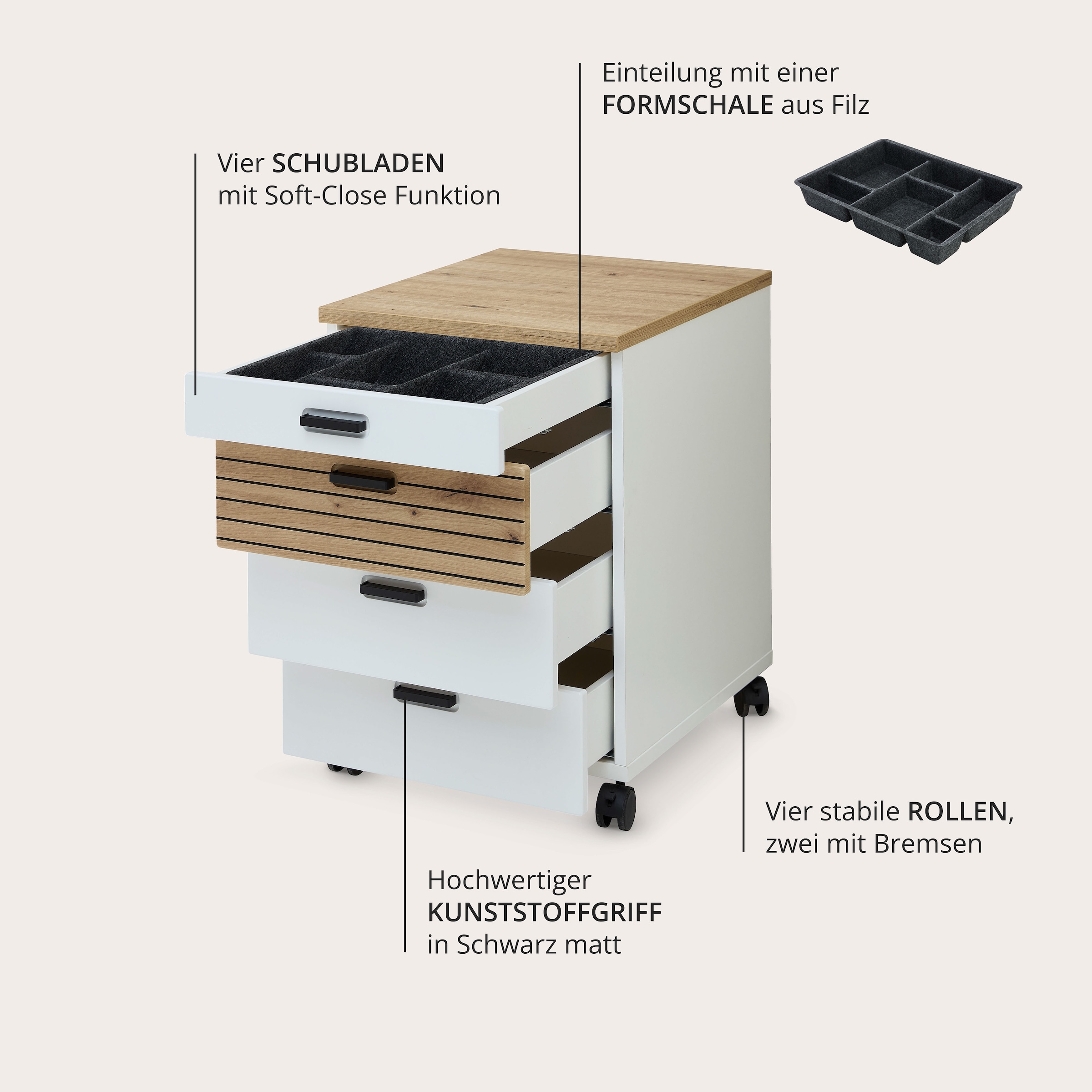 Innostyle Rollcontainer »Nachtkommode Glenn, 45 x 66 x 55 cm (B/H/T)«, (1 St.), inkl. Filzeinlage, 4 Rollen (2 mit Bremsen) oder Sockel, SK Soft-Close