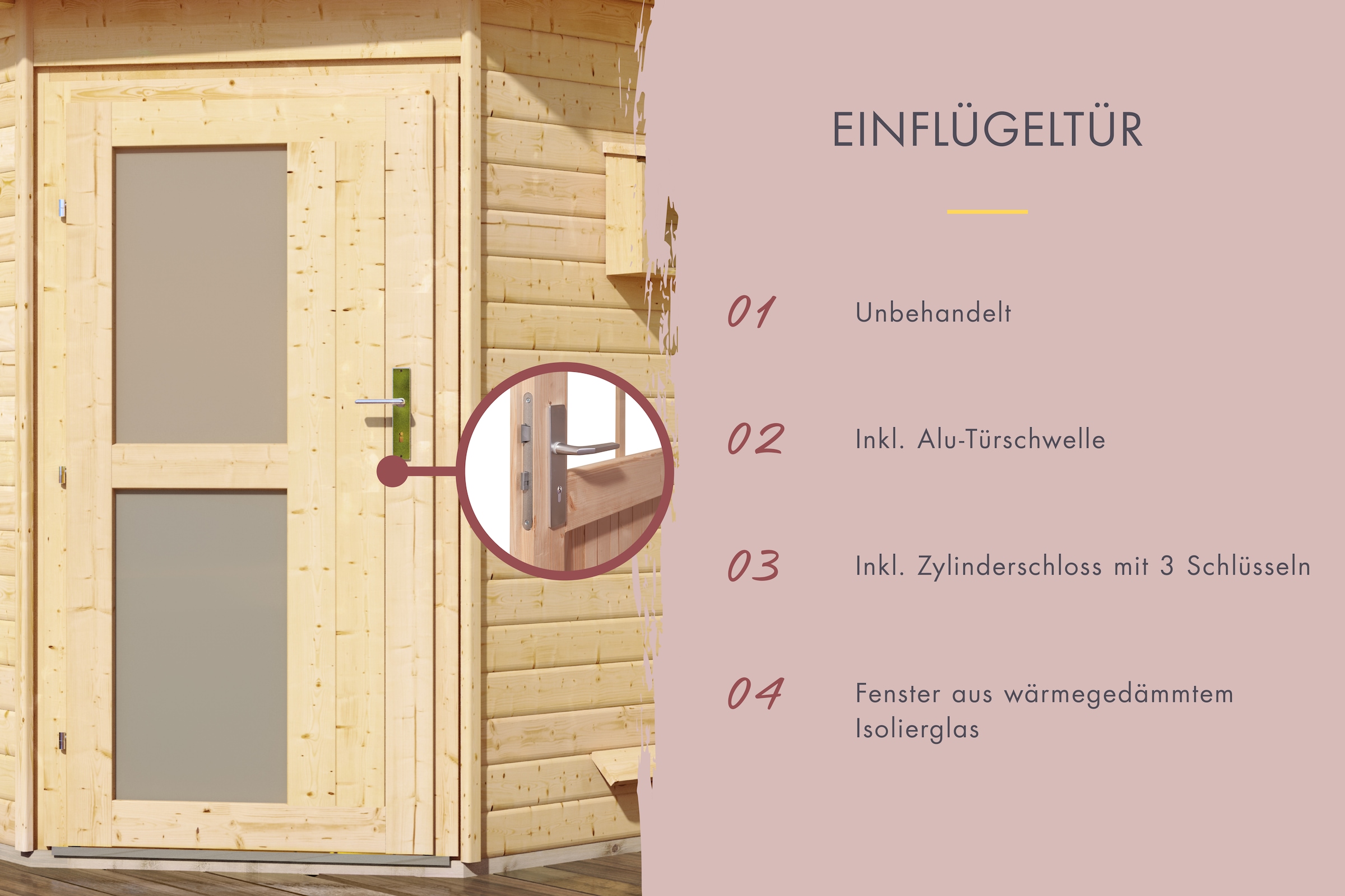 Karibu Saunahaus »»Simon 3« mit Milchglastür, naturbelassen«