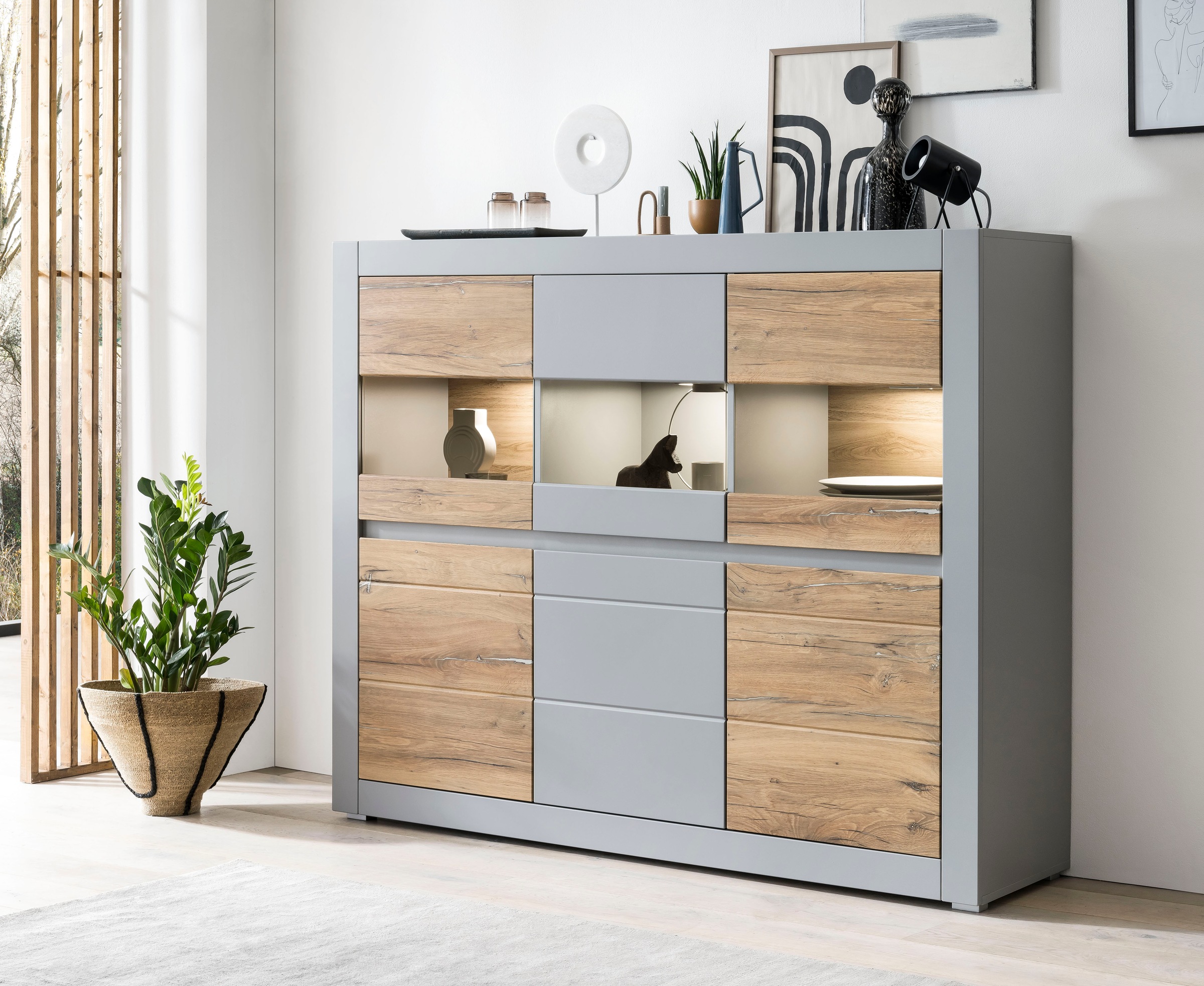 Highboard „CASABLANCA“, Türen Soft-Close-Funktion, Höhe 132 cm, Platingrau B/H/T: 165 cm x 132 cm x 42 cm