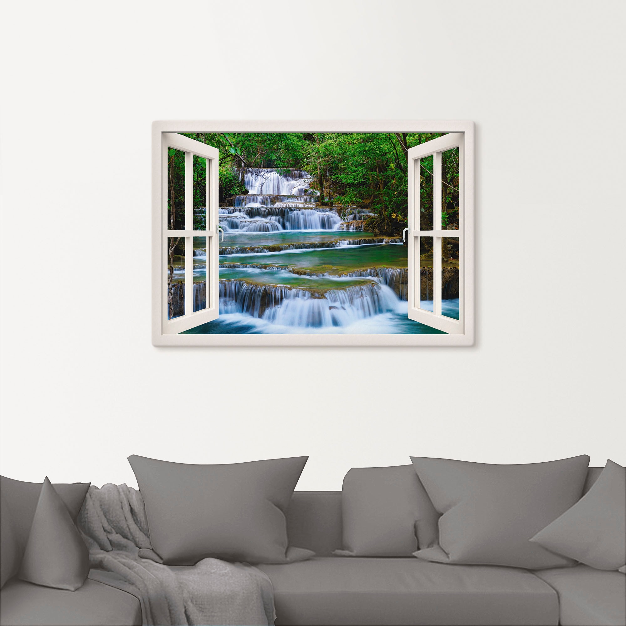 Artland Leinwandbild »Fensterblick Wasserfall in Kanchanaburi« Fensterblick 1 Stk. tlg. auf Holzrahmen gespannt