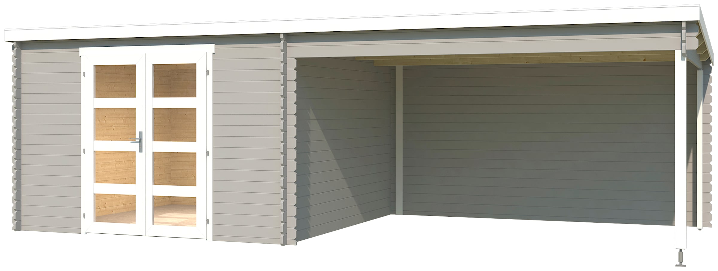 LASITA MAJA Gartenhaus »New Orleans«, (Set), Blochbohlenhaus 28mm Anbau, Fundamentmass 3300x3300+3800, Lichtgrau