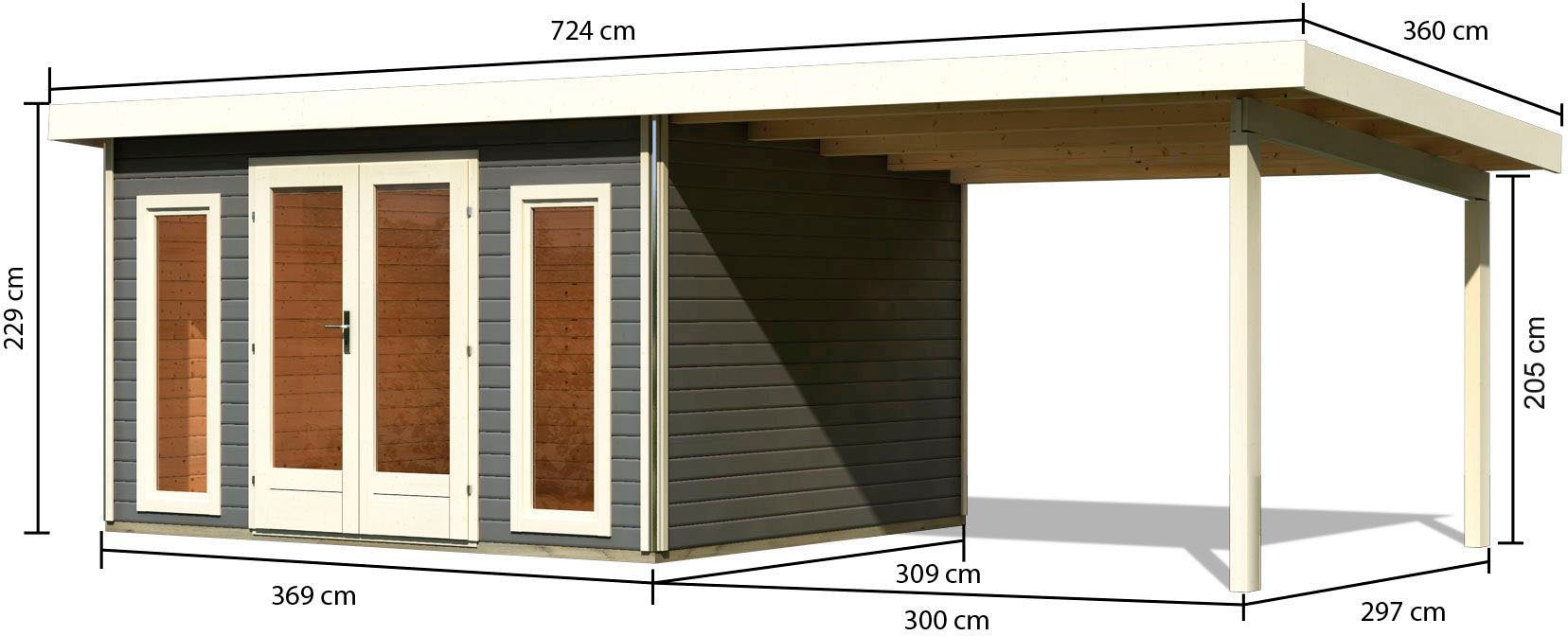 Karibu Gartenhaus »Rabensee 2«, (Set), mit Anbaudach 3,3 m, terragrau