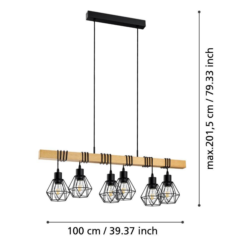 EGLO Hängeleuchte »TOWNSHEND 5 Hängelampe, Stahl und Holz, E27, IP20, Pendellampe, Lampe«, 6 flammig, Leuchtmittel E27 | ohne Leuchtmittel, Pendelleuchte, L100 x B20 x H110 cm, schwarz, braun, 6X60W exkl.