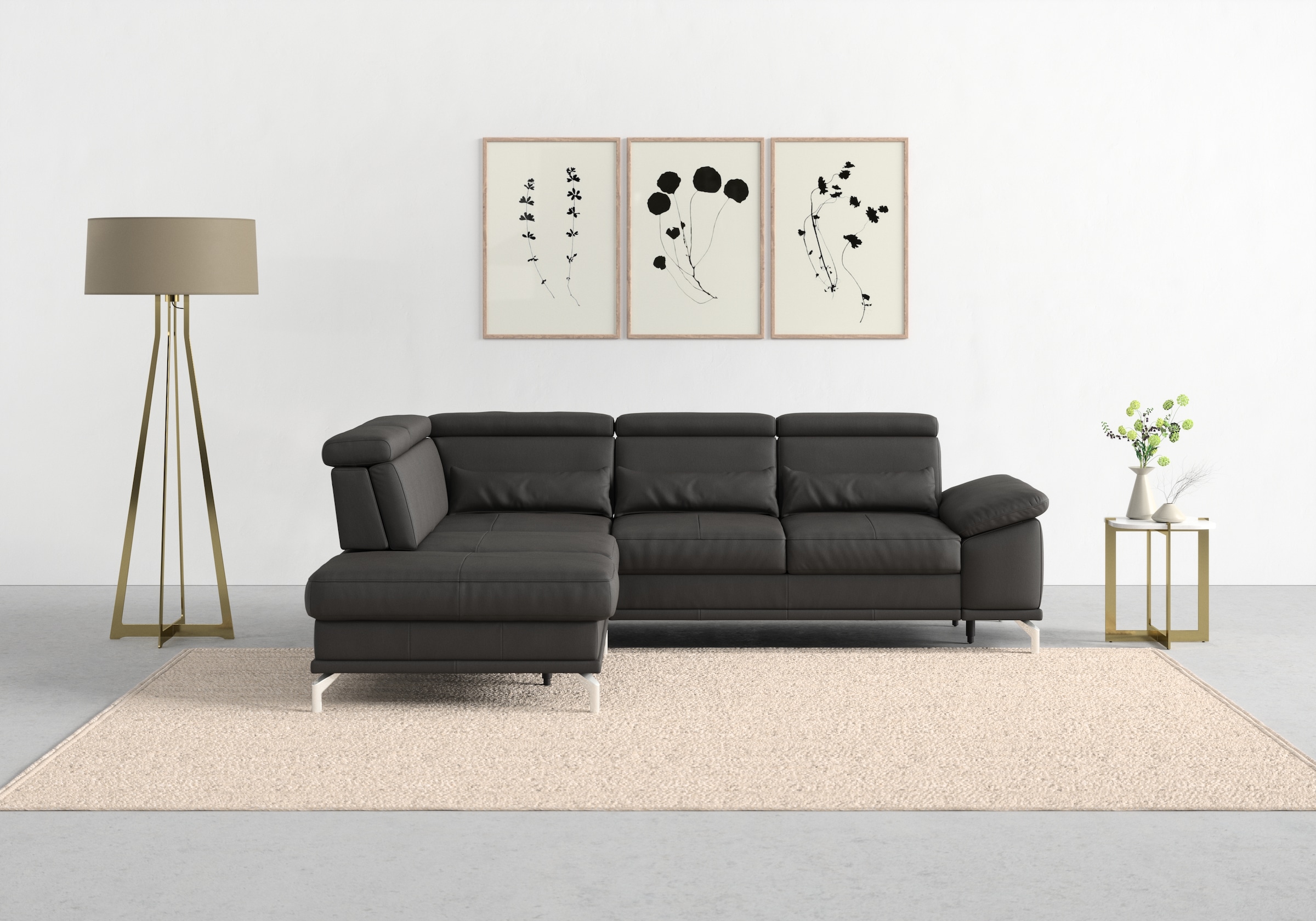 sit&more Ecksofa »Cabrio L-Form, mit Sitztiefenverstellung, Arm- und Kopfteilverstellung«, 3 Nierenkissen, Federkern, optional Bettfunktion und Stauraum