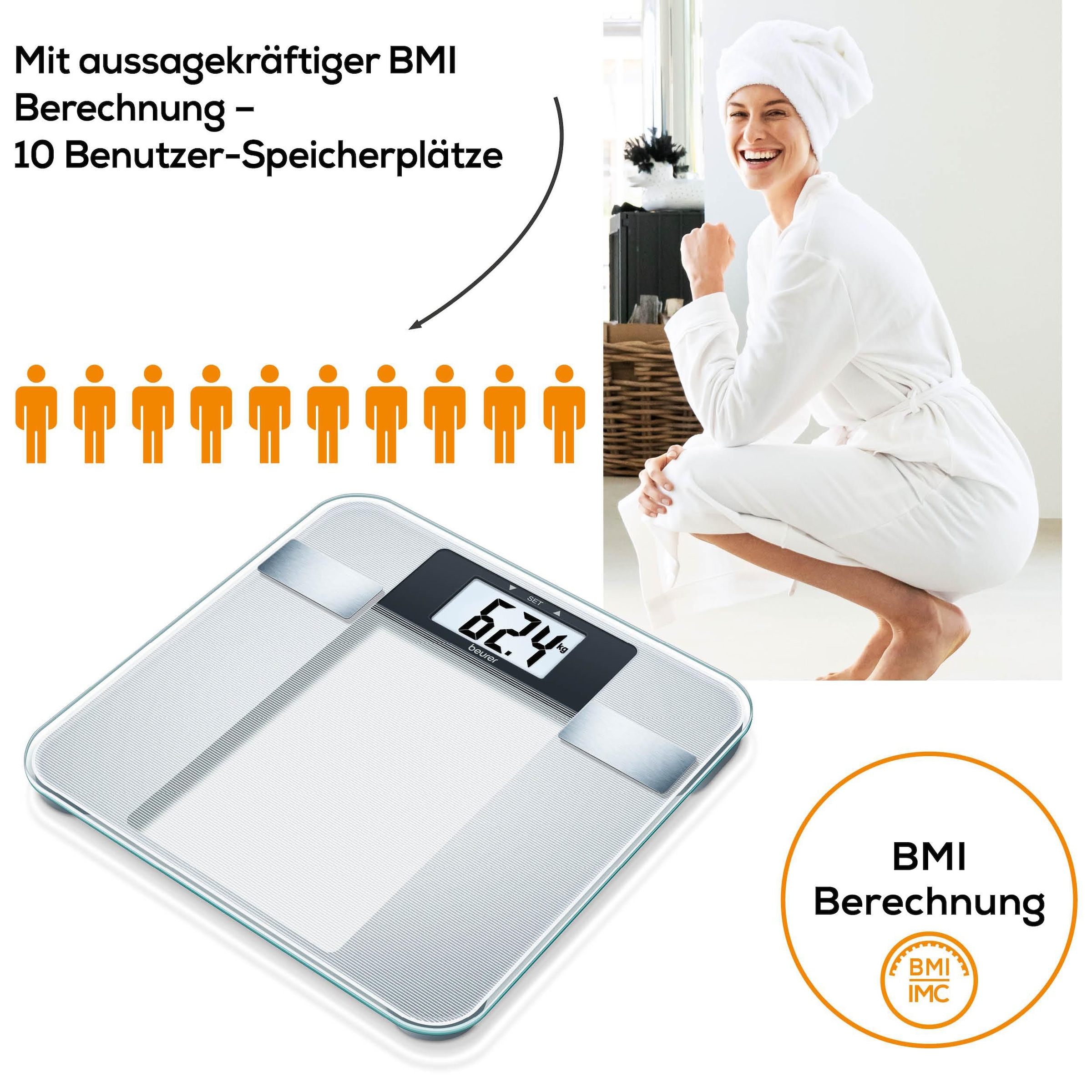 BEURER Körper-Analyse-Waage »BG 13 zur Messung von Gewicht, Körperfett, Körperwasser, Muskelanteil« Trittfläche aus Sicherheitsglas, Tragkraft bis 150 kg