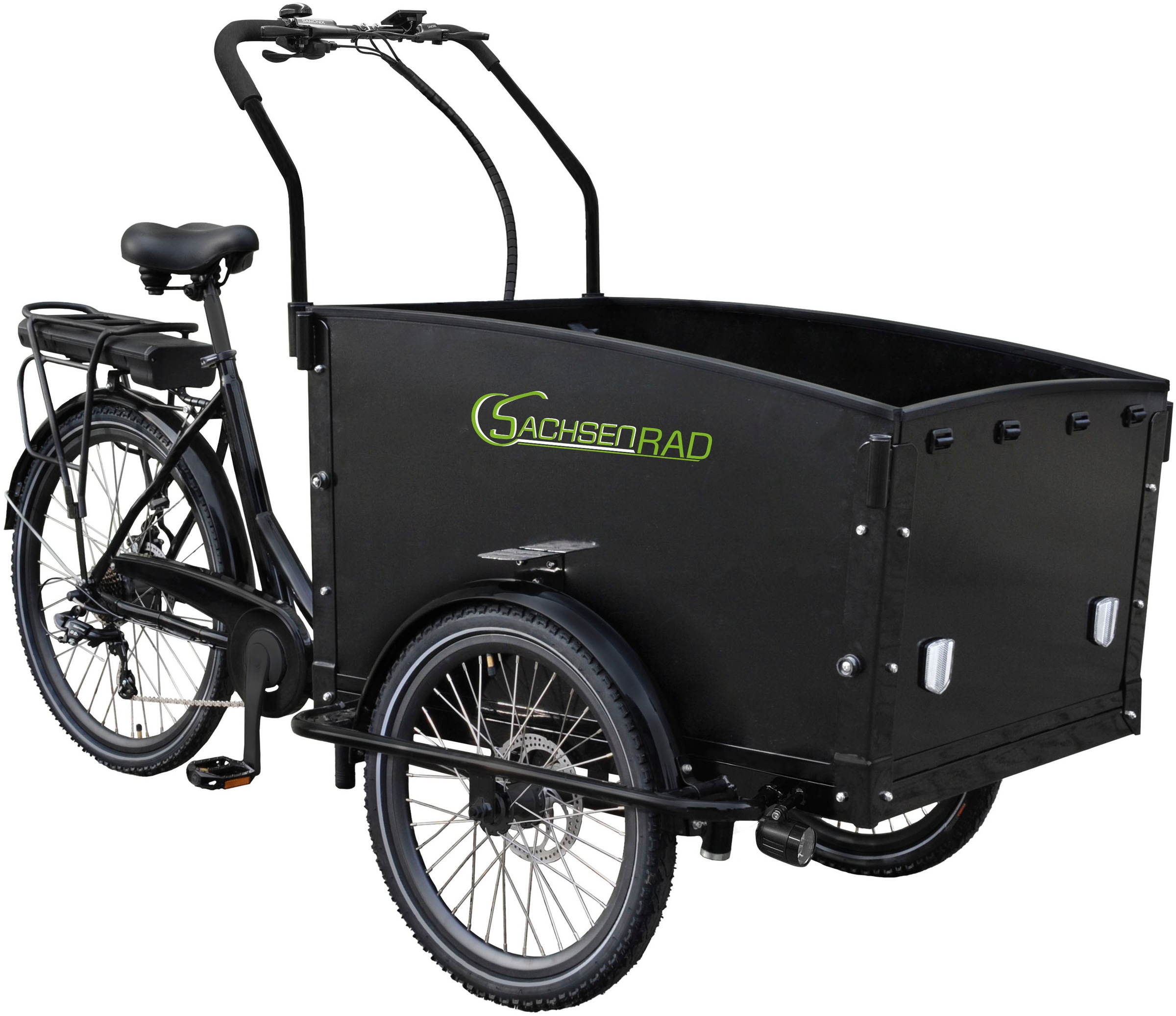 SachsenRad »T1« 7 Gang Shimano Shimano 7-Gang-Kettenschaltung Schaltwerk Kettenschaltung Heckmotor 250 W Alarmanlage, Holz-Transportbox, Mitgelieferte Regenabdeckung