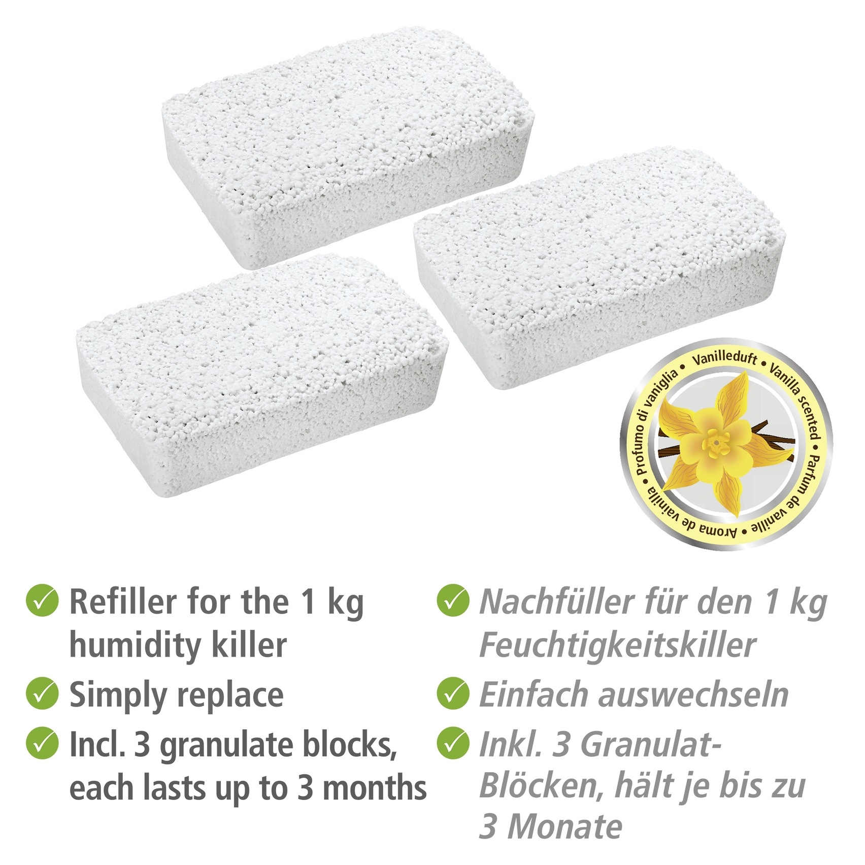 WENKO Raumentfeuchter-Nachfüllpack »Vanilleduft« Packung, 3 Stk. tlg. 3-er Set Nachfüllpack für Raumentfeuchter, geräuschlos, ohne Strom