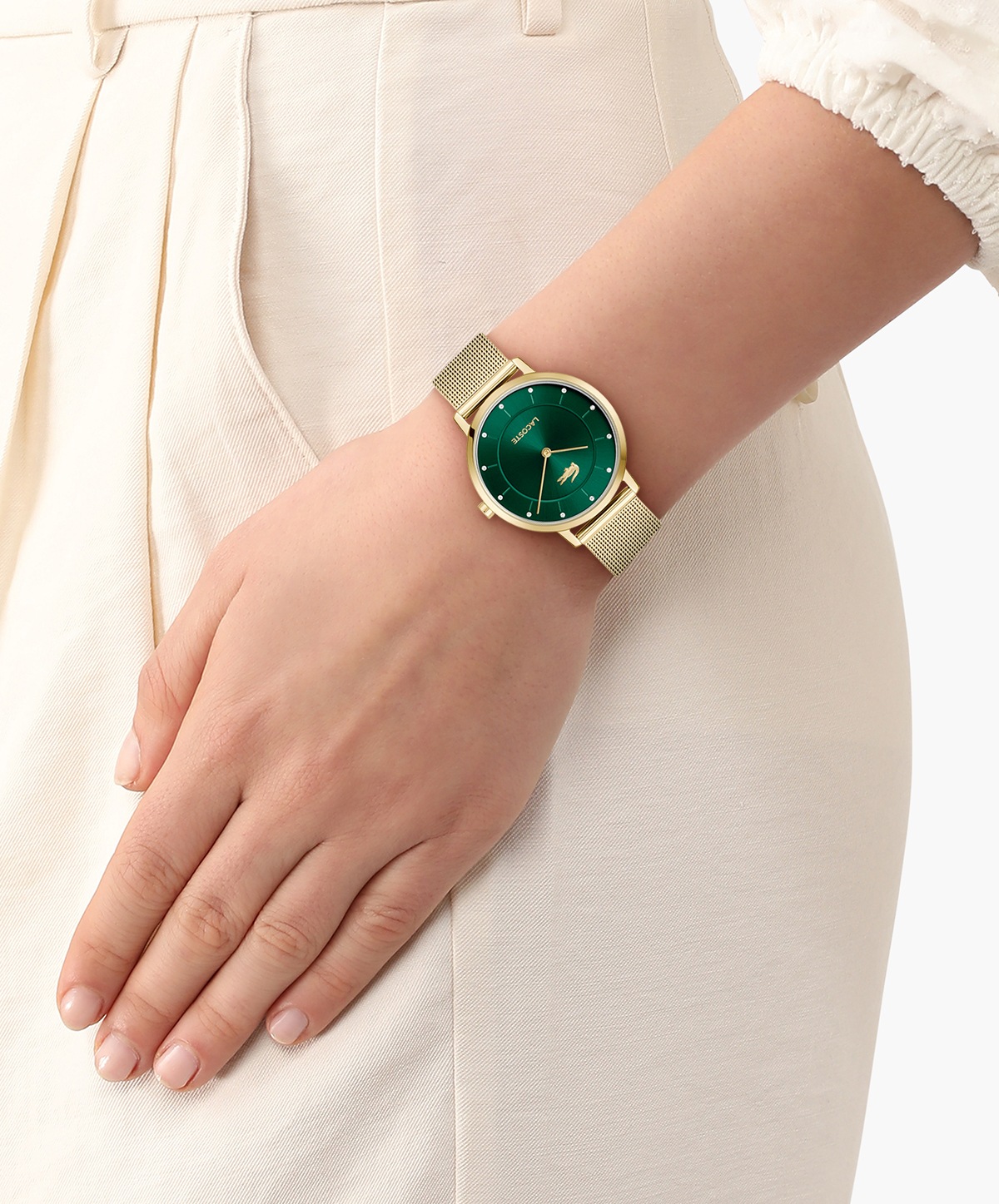 Lacoste Quarzuhr »CROCORIGIN«, Armbanduhr, Damenuhr, Edelstahlarmband, analog, Glassteine