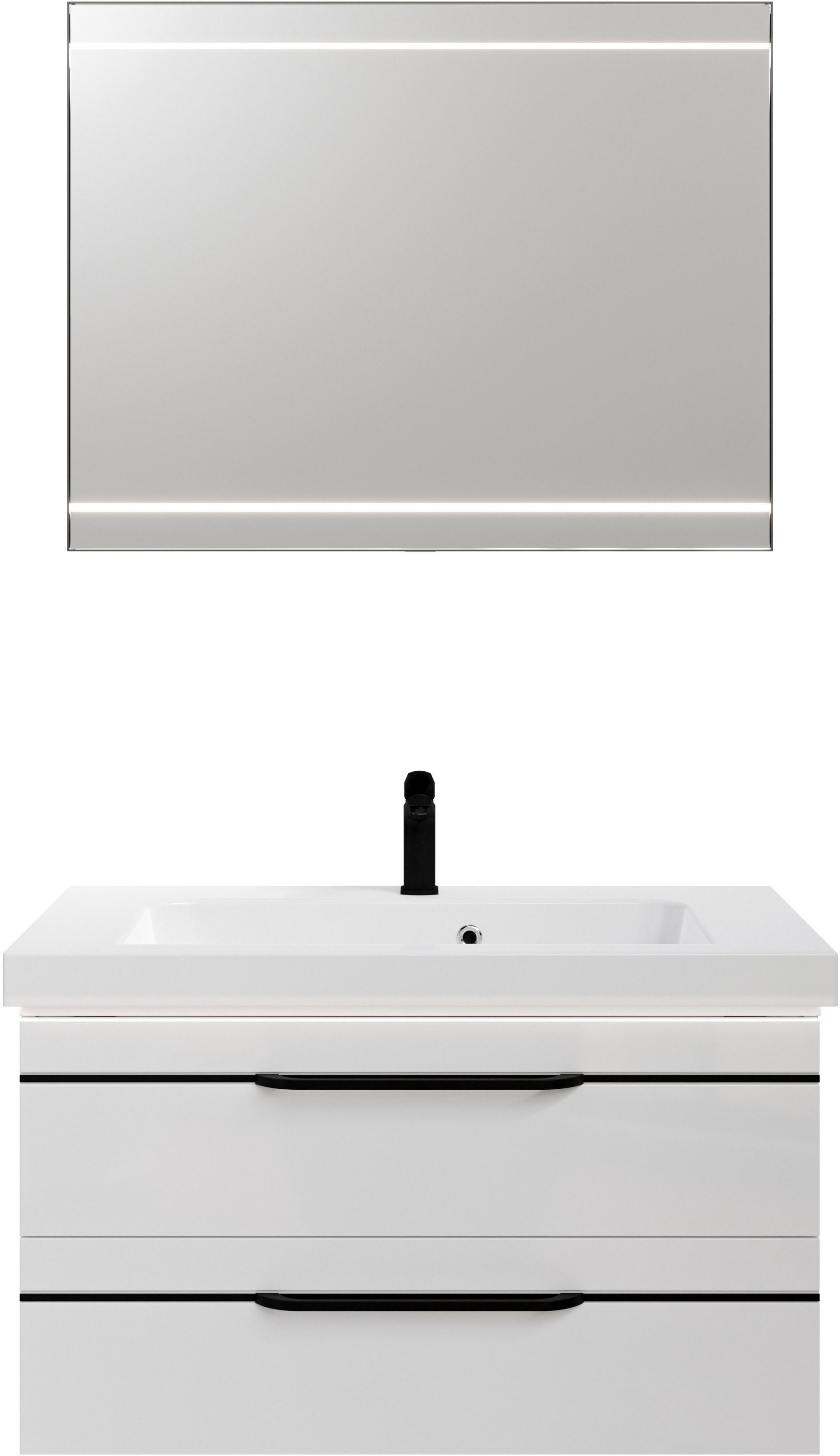 Saphir Badmöbel-Set »Balto 2-teilig Mineralmarmor-Waschtisch mit LED-Spiegel, Waschplatz«, (2 St.), 92 cm breit, mit 2 Schubladen, Badschrank inkl. Schubladendämpfer