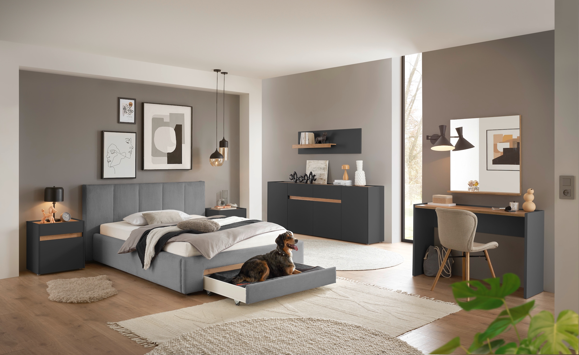 INOSIGN Polsterbett »CiTY/GiRON, Bettgestell mit Bettkasten, gepolstertes Stauraumbett«, mit Hundebett oder Stauraumschublade, Bezug Cord-oder Leinenoptik